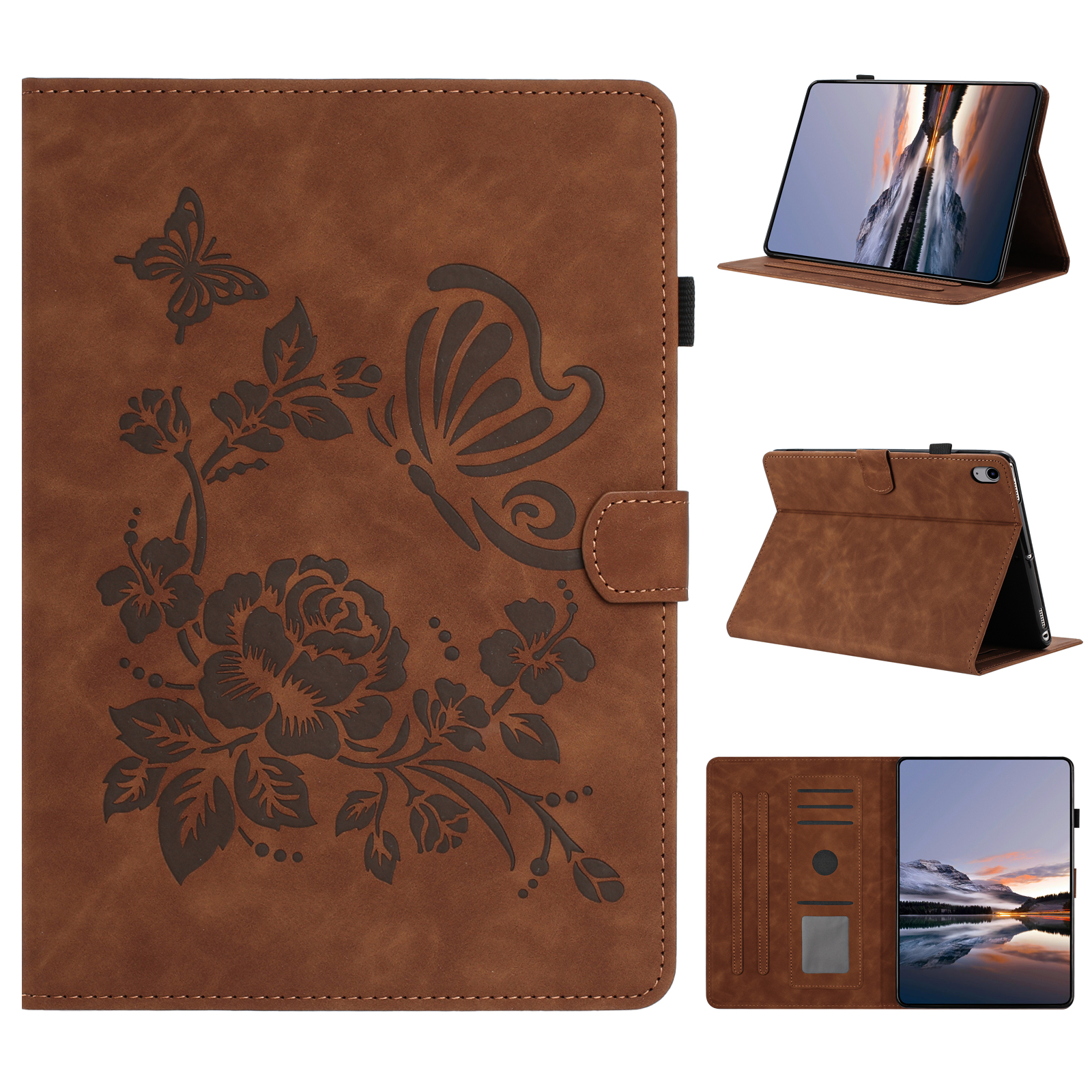 Tablet Case For iPad Air 11 (2026) / (2025) / (2024) / Air (2022) / (2020) Card Holder Stand Butterfly Floral Imprinted Leather Cover - Brown
