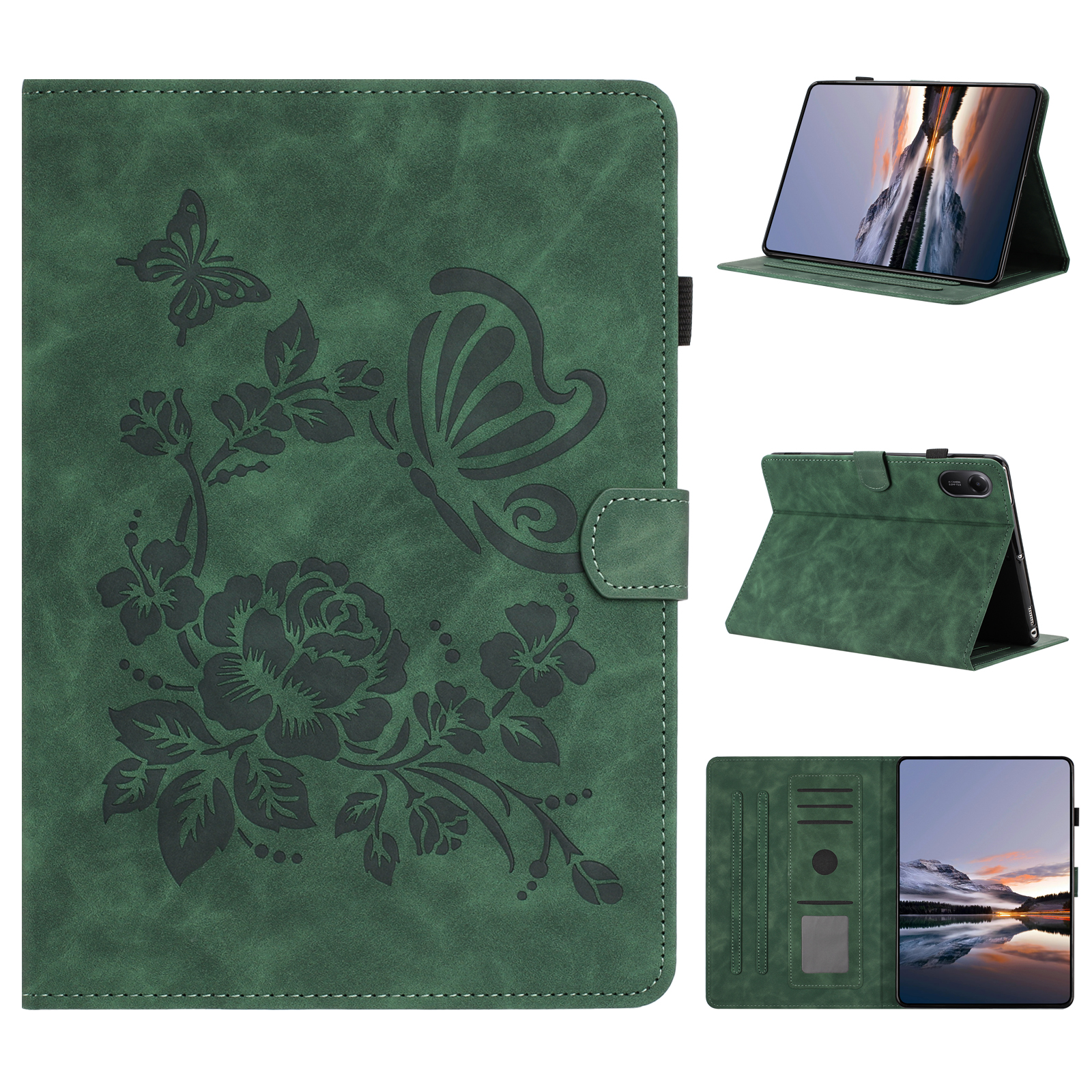 For Xiaomi Redmi Pad 2 11 Case Card Holder Stand Butterfly Floral Imprinted Leather Tablet Cover - Green
