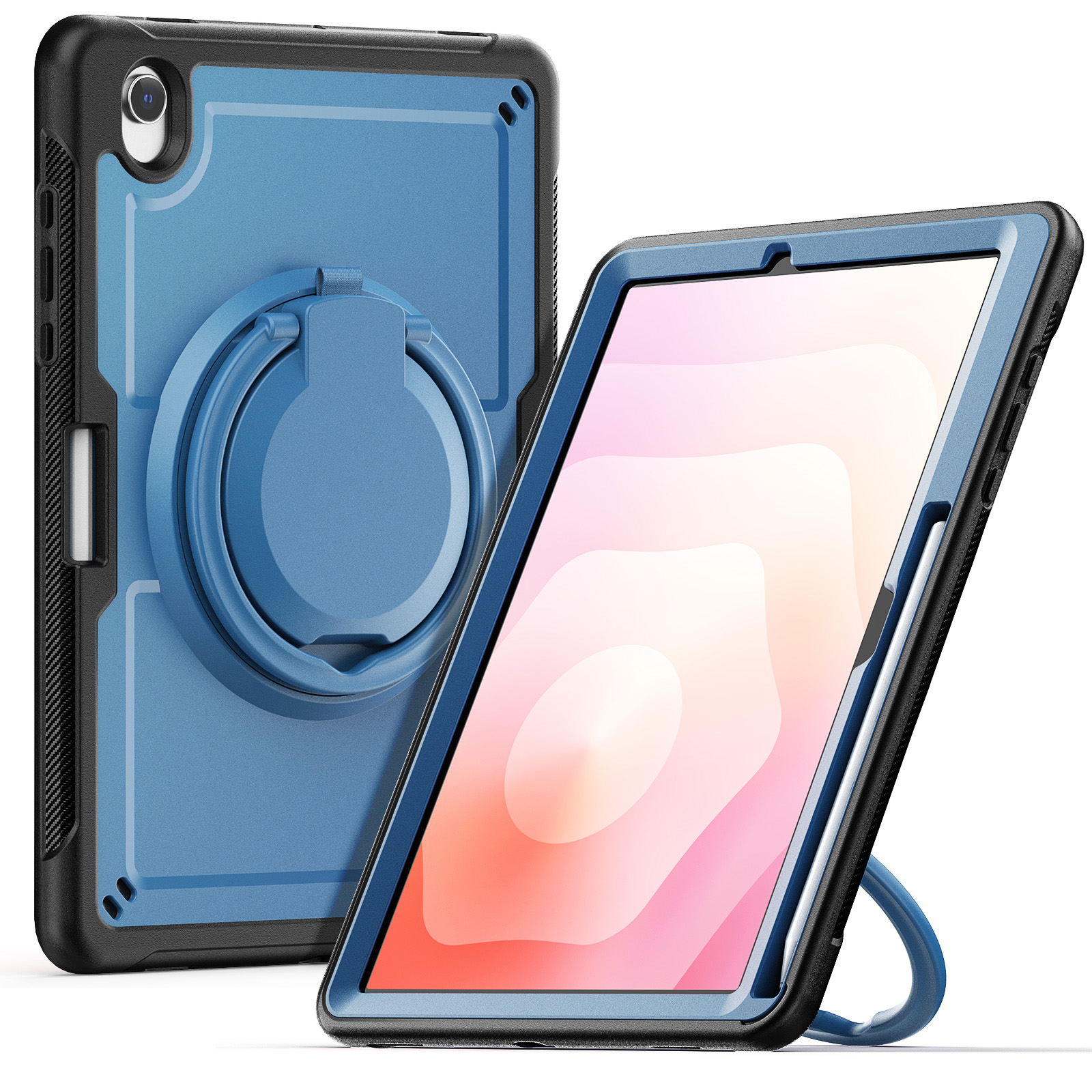 For Samsung Galaxy Tab S10 Lite Case Rotating Kickstand PC + TPU Shockproof Tablet Cover with Shoulder Strap - Navy Blue