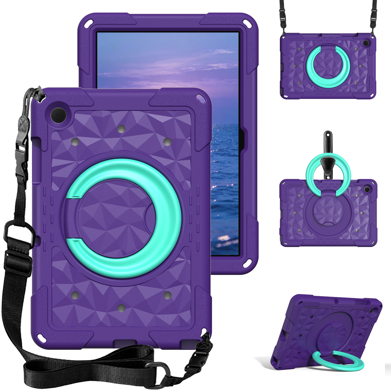 For Samsung Galaxy Tab A11+  /  A9+ Case Hand Grip Kickstand Geometric Pattern PC + EVA Tablet Cover with Shoulder Strap - Purple  /  Mint Green