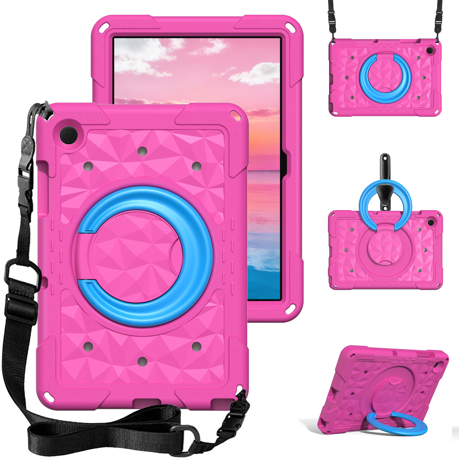 For Samsung Galaxy Tab A11+  /  A9+ Case Hand Grip Kickstand Geometric Pattern PC + EVA Tablet Cover with Shoulder Strap - Rose  /  Blue