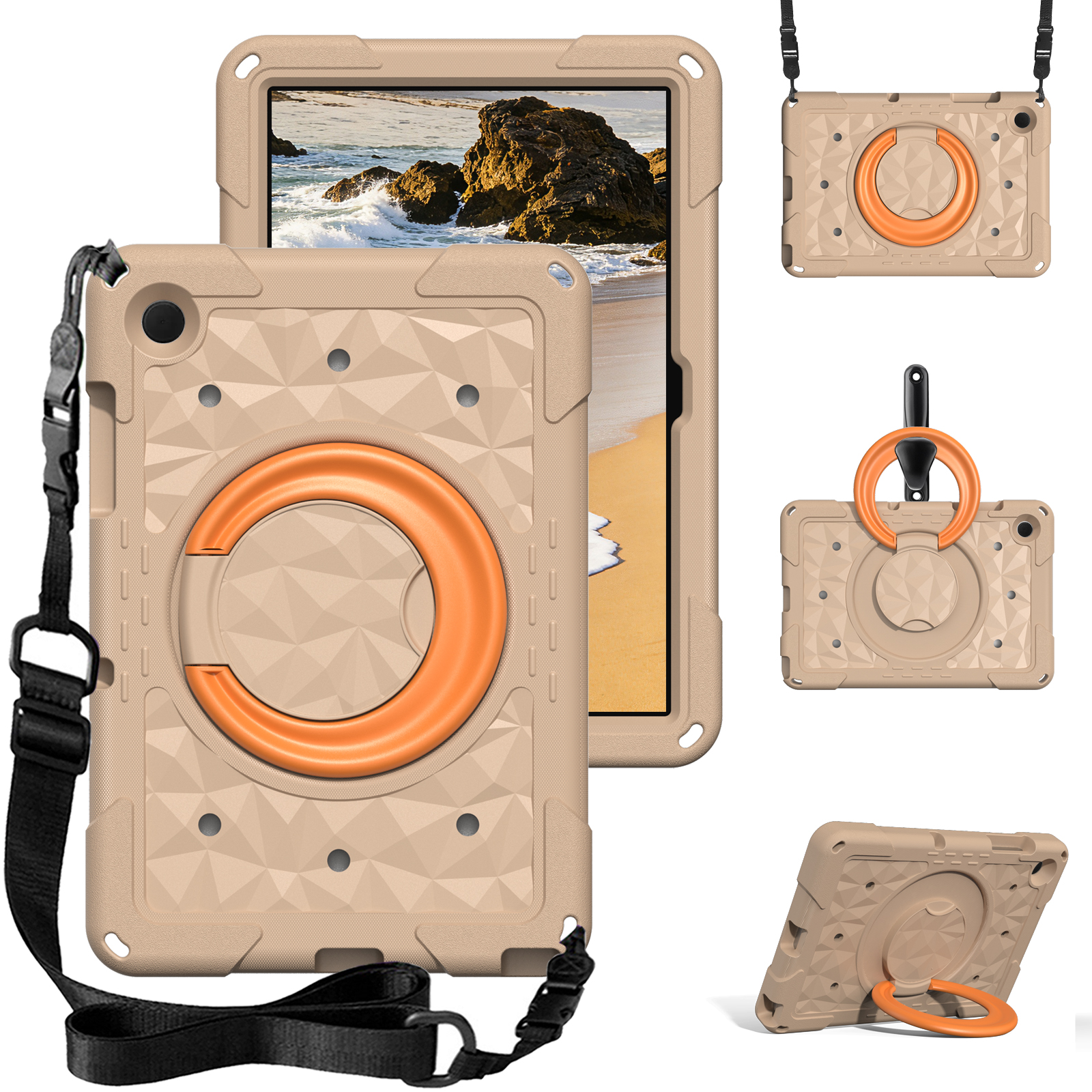For Samsung Galaxy Tab A11+  /  A9+ Case Hand Grip Kickstand Geometric Pattern PC + EVA Tablet Cover with Shoulder Strap - Khaki  /  Orange