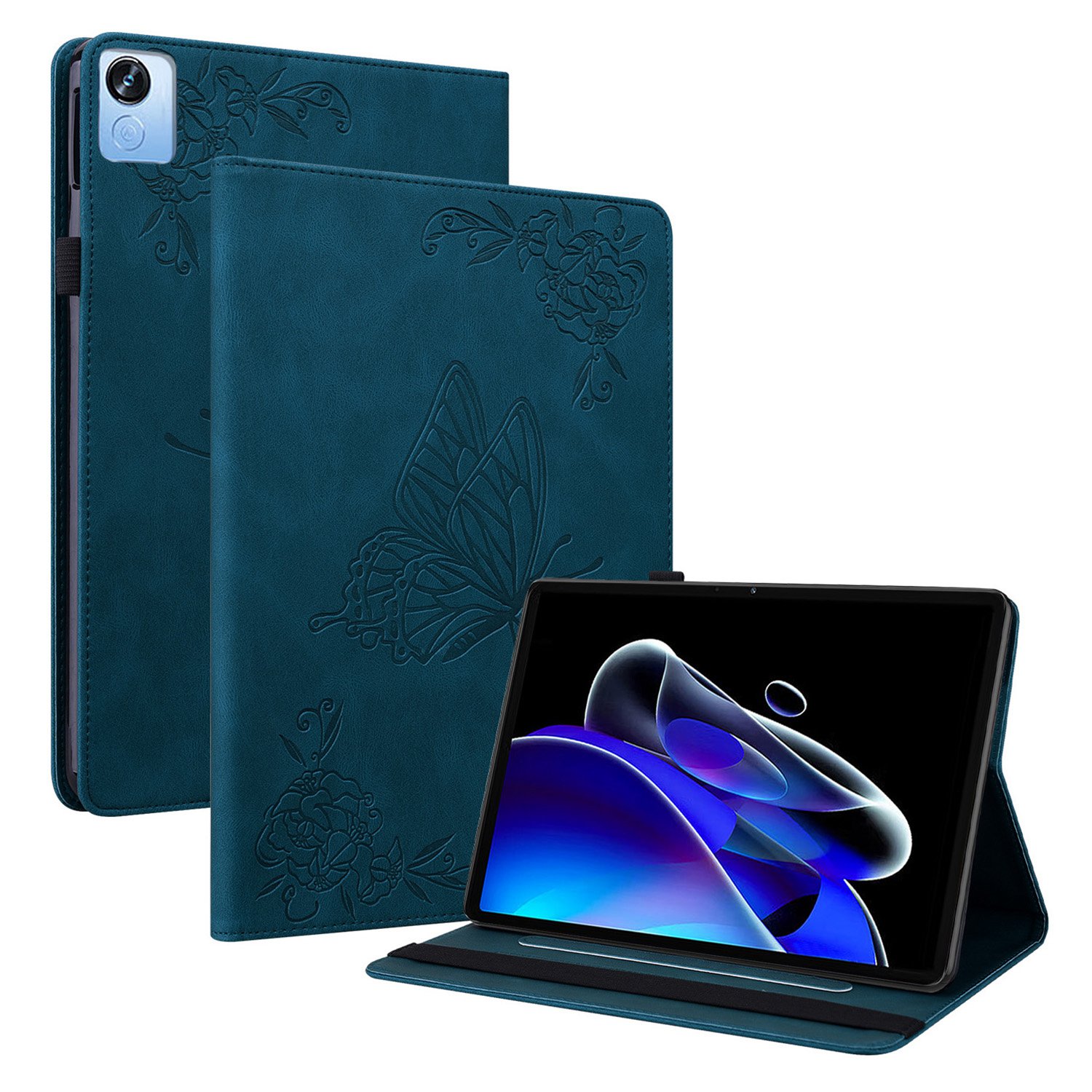 

Prägener Schmetterlingsblumenmuster Hülle Für Realme Pad X, PU Leder Stand Card Halter Tablet Cover Mit Gummiband - Blau, Realme Pad X