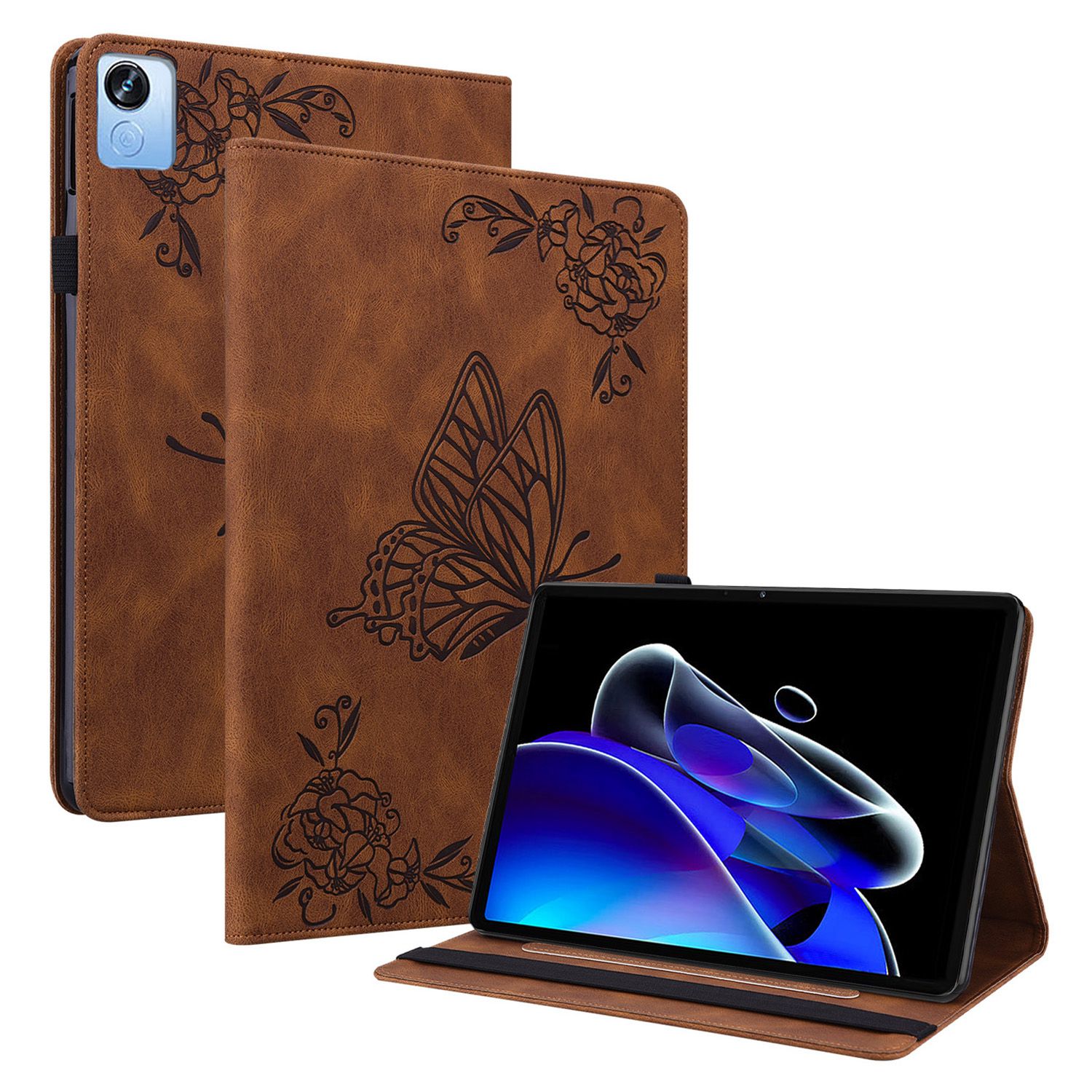 

Prägener Schmetterlingsblumenmuster Hülle Für Realme Pad X, PU Leder Stand Card Halter Tablet Cover Mit Gummiband - Braun, Realme Pad X