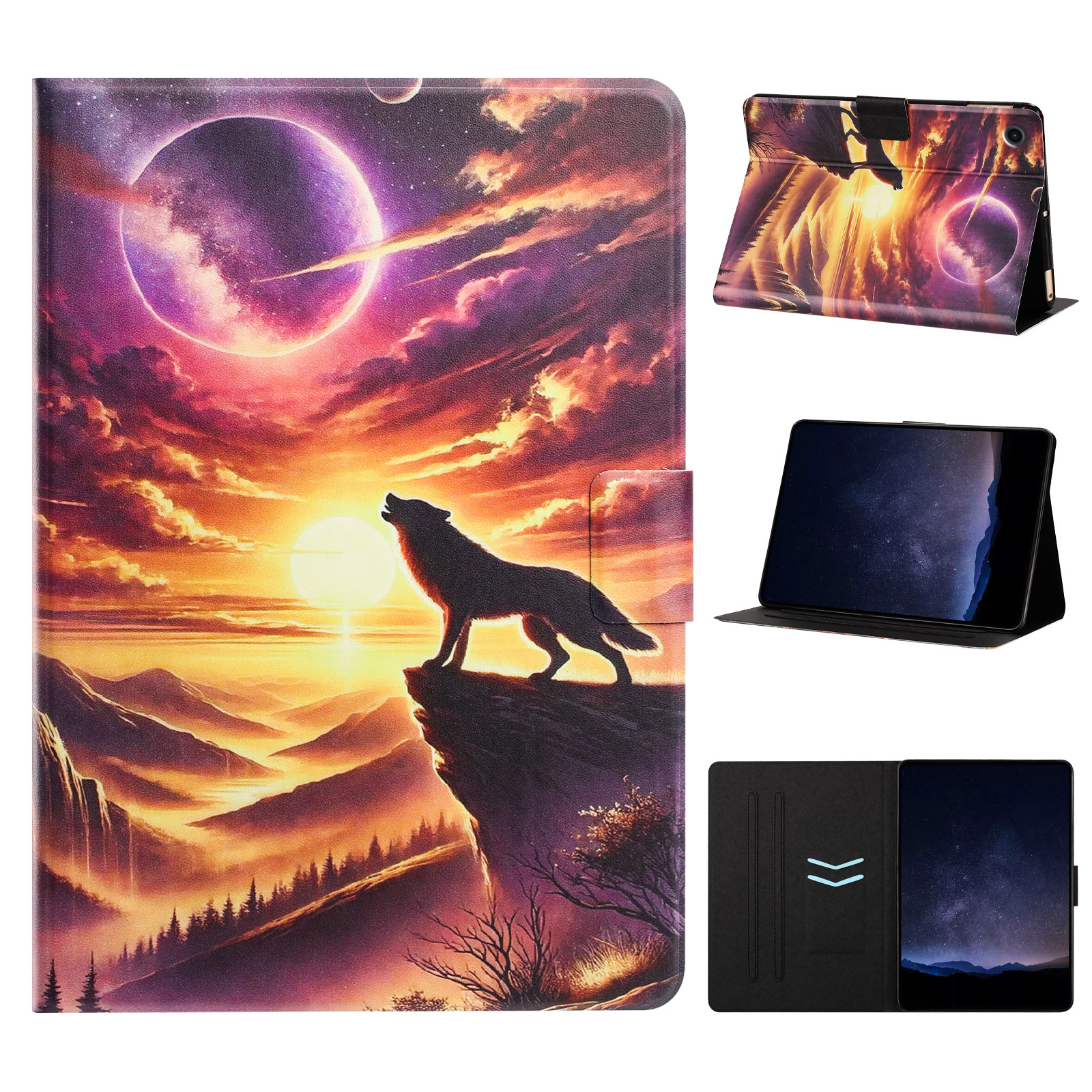 Tablet Case for Samsung Galaxy Tab A11+  /  Tab A9+ Leather Stand Case with Card Slots Litchi Pattern Magnetic Flip Protective Cover - Night Wolf