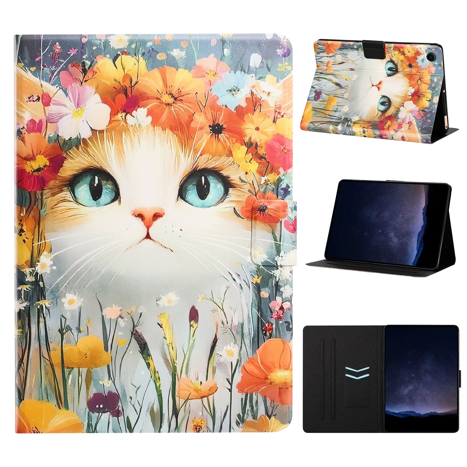 Tablet Case for Samsung Galaxy Tab A9  /  Tab A11 Leather Stand Case with Card Slots Litchi Pattern Magnetic Flip Protective Cover - Flowers and Cats