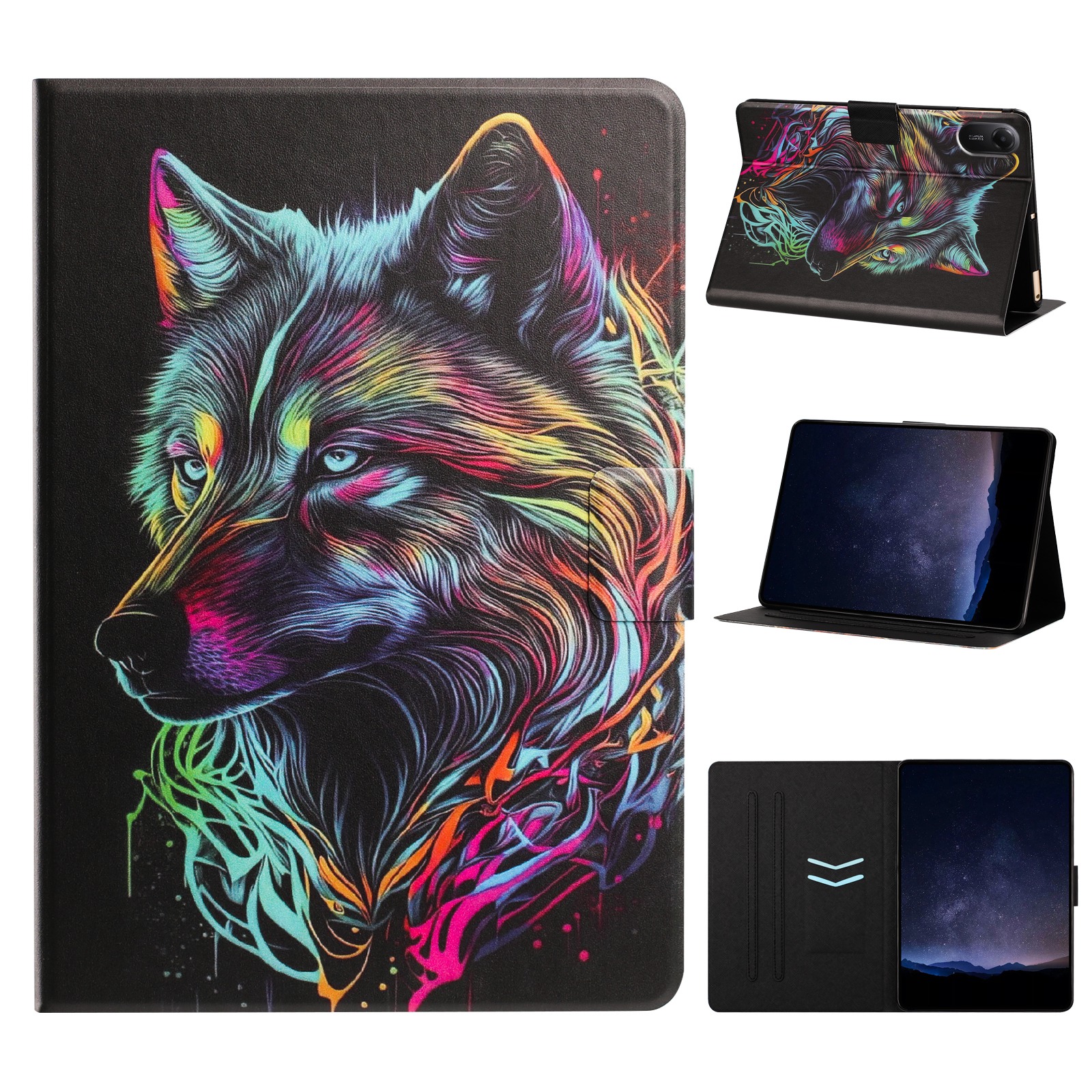 For Xiaomi Redmi Pad 2 11 Tablet Case Leather Stand Case with Card Slots Litchi Pattern Magnetic Flip Protective Cover - Colorful Wolf