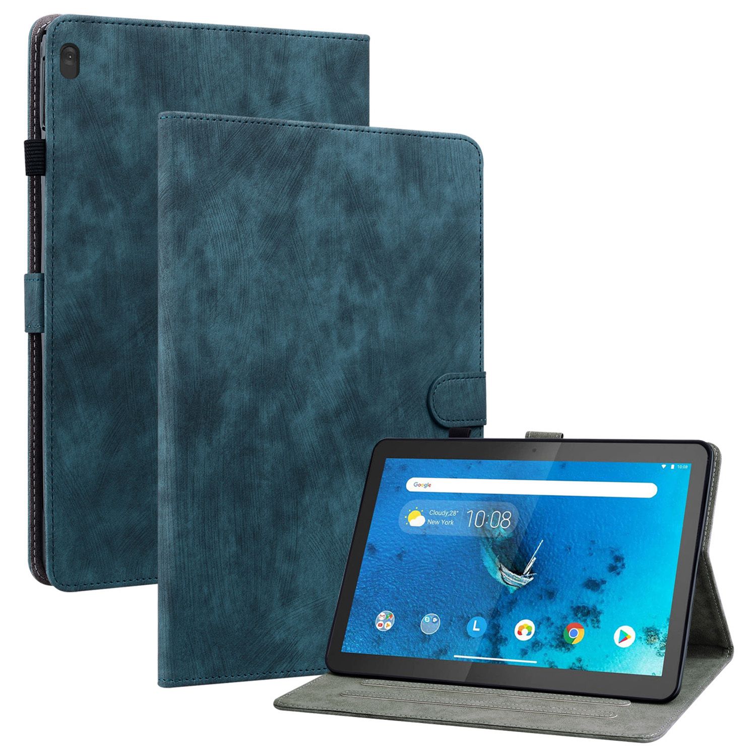 For Lenovo Tab M10 TB-X605F Shockproof Case Cute Tiger Pattern Imprinted TPU+PU Leather Cover with Stand   Card Slot - Dark Blue