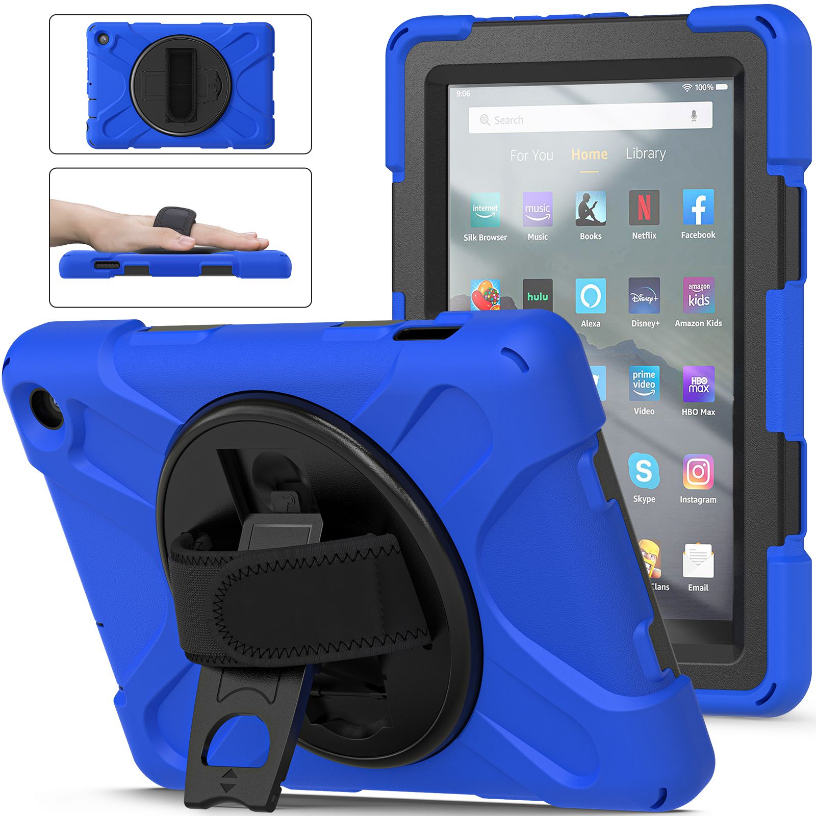 

Für Amazon Fire 7 (2022) Handgurt Rotary Kickstand Tablet Case PC + Silikon Anti-kratzer-rückzugabdeckung - Blau, Amazon Fire 7 (2022)