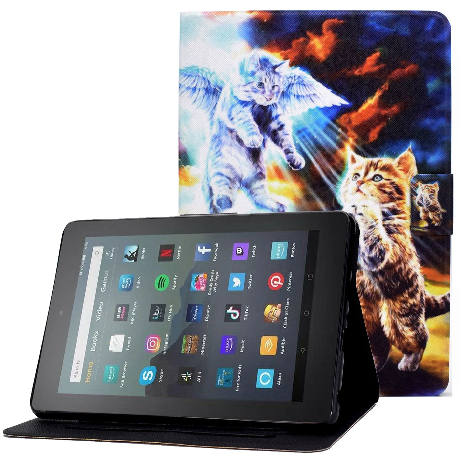 

Für Amazon Fire 7 (2022) Muster Druck PU Lederkartenhalter Tablet Hülle Magnetverschluss Schutzabdeckung - Engelskatze, Amazon Fire 7 (2022)