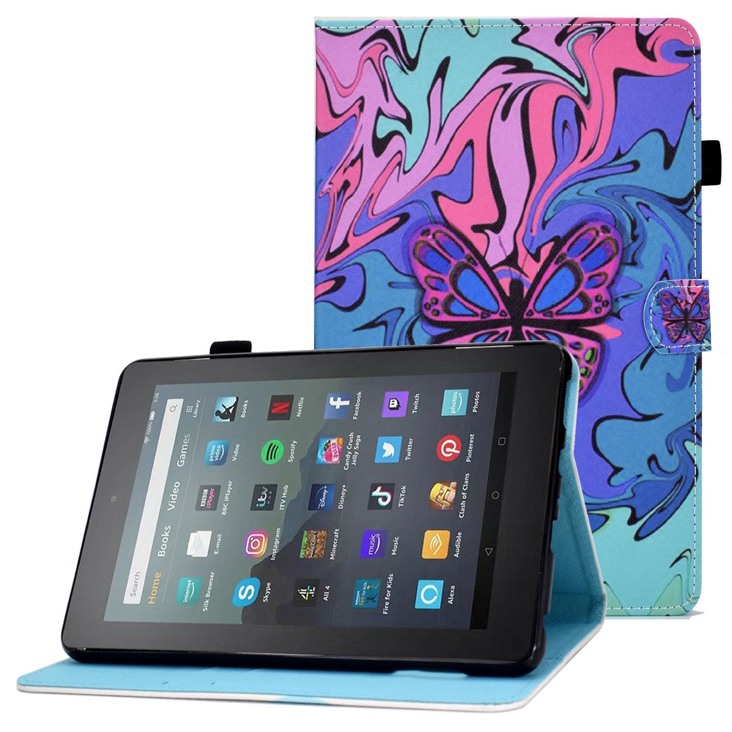 

Einstellbarer Stand Tablet Hülle Für Amazon Fire 7 (2022), Stichmuster Druck PU Lederkartenhalter Schutzabdeckung - Schmetterling, Amazon Fire 7 (2022)