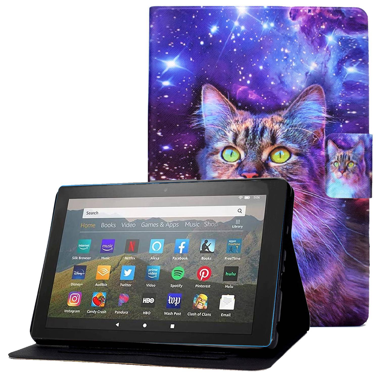 

Für Amazon Fire 7 (2022) PU -ledermuster -drucktabletten -hülle Vollschutz Mit Kartenhalterständer - Sternenklarer Himmel / Katze, Amazon Fire 7 (2022)
