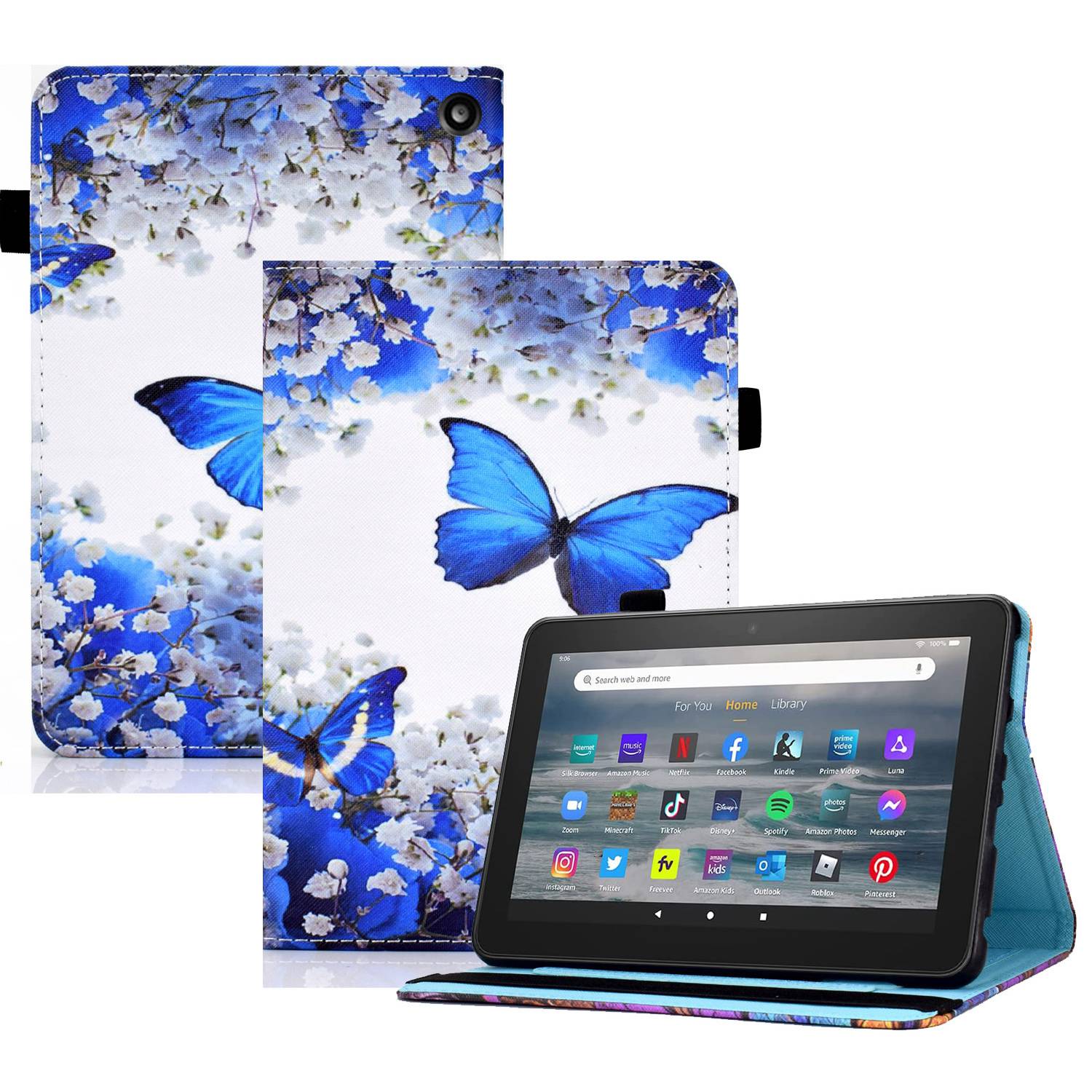 

Stand Tablet Hülle Für Amazon Fire 7 (2022), Stitching -musterdruck PU Lederkartenhalter Elastizitätsabdeckung - Schmetterling / Weiße Blume, Amazon Fire 7 (2022)