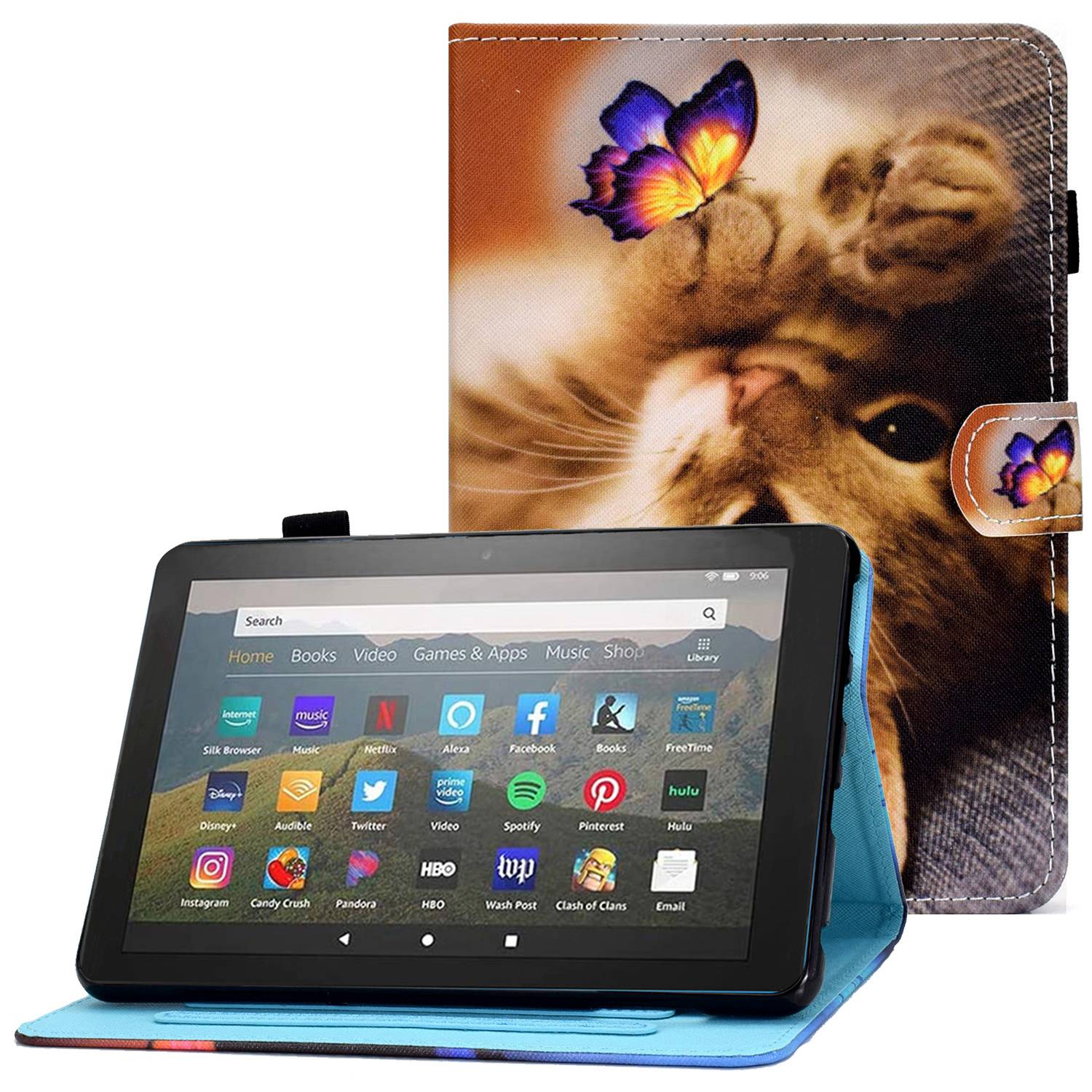 

Stichmuster-drucktablet-hülle Für Amazon Fire 7 (2022), Drop-protective-schutzabdeckungsständer Mit Kartensteckplätzen - Katze / Schmetterling, Amazon Fire 7 (2022)