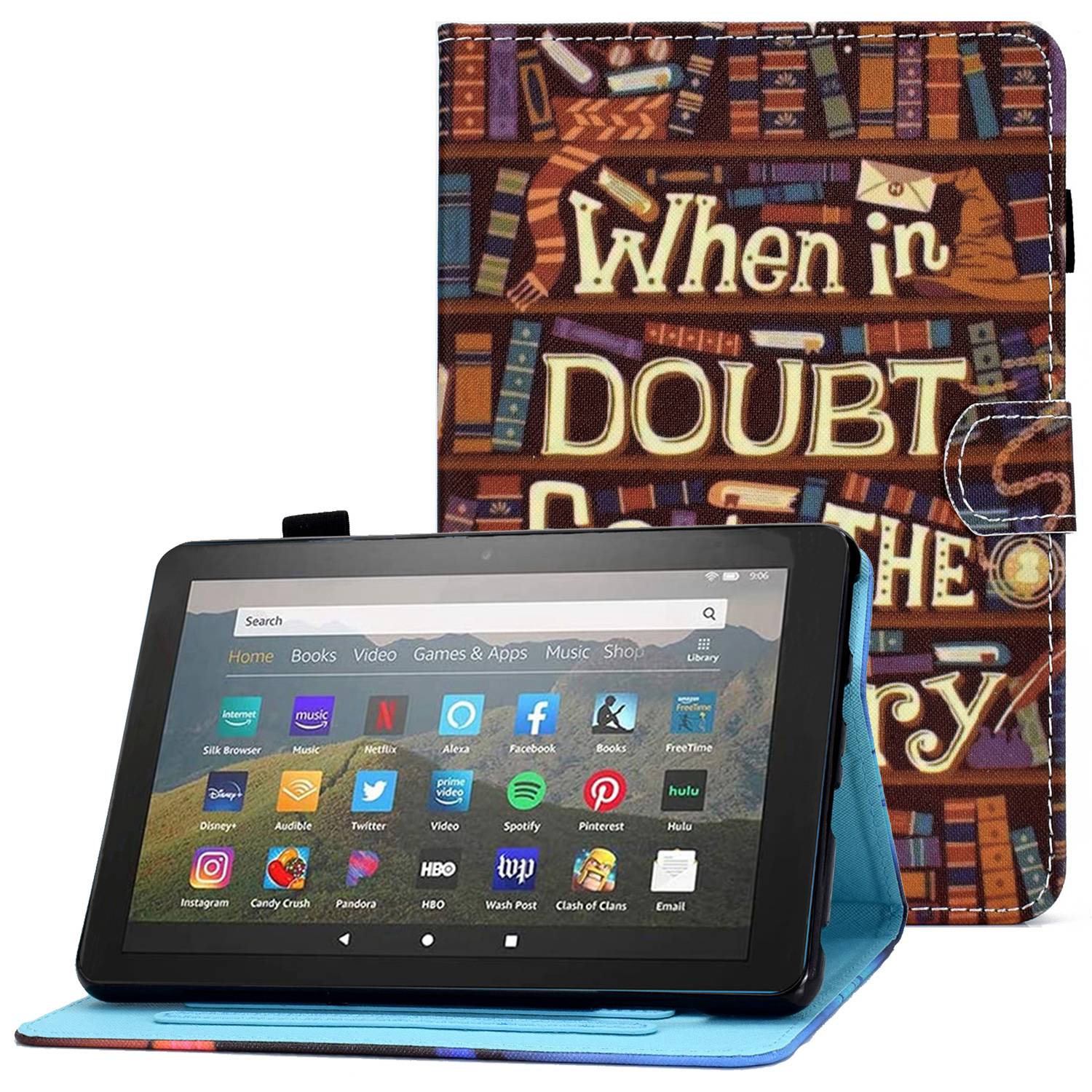 

Stichmuster-drucktablet-hülle Für Amazon Fire 7 (2022), Drop-protective-schutzabdeckungsständer Mit Kartensteckplätzen - Bibliothek, Amazon Fire 7 (2022)