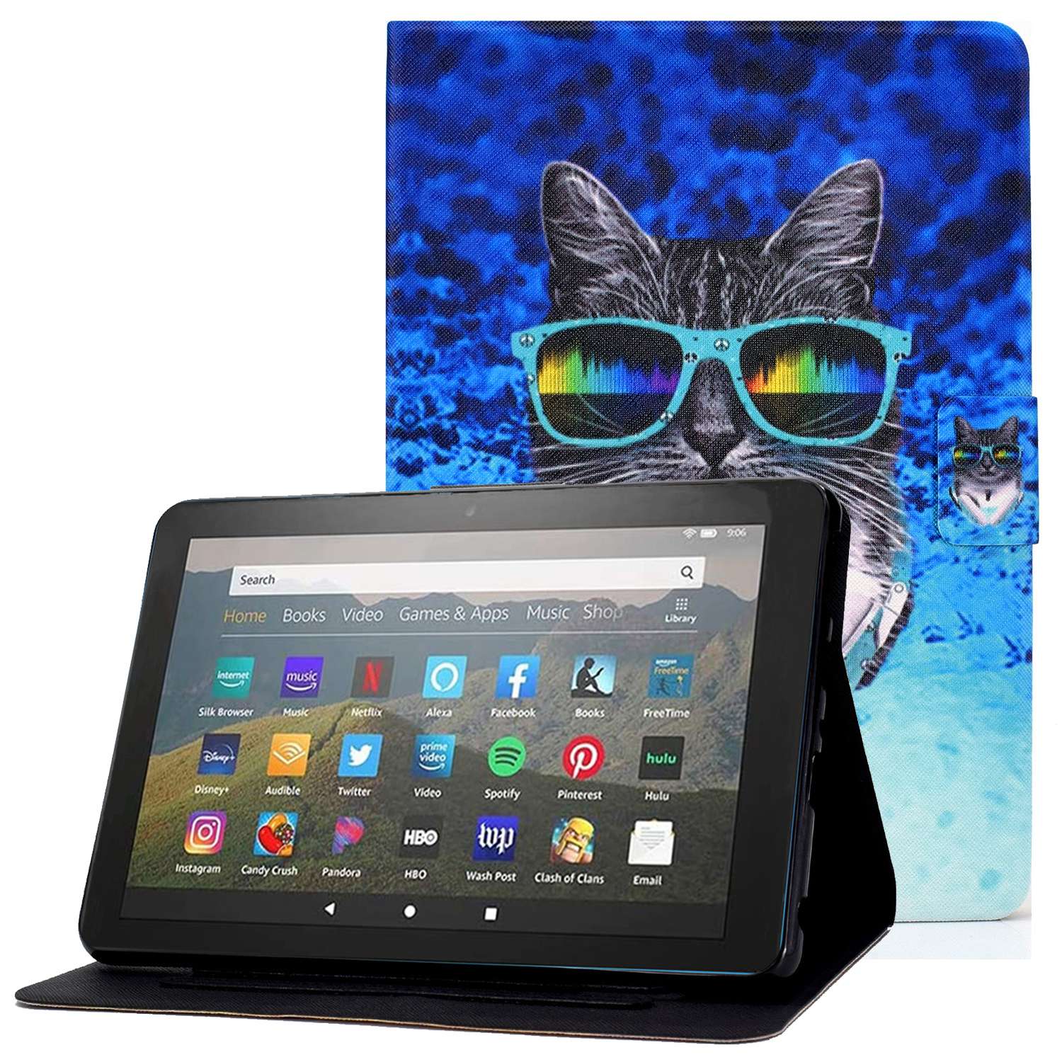 

Für Amazon Fire 7 (2022) Protective Tablet Hülle, Einstellbare Ständer Muster Druckschocksicherung PU Lederabdeckung Mit Kartenhalter - Kopfhörerkatze, Amazon Fire 7 (2022)
