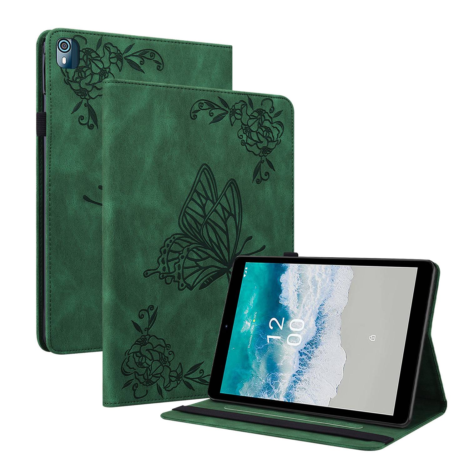 

Für Nokia T10 Butterfly Blumenmuster Tablet Hülle PU Leder + TPU Anti-scratch-kartenhalterschale - Grün, Nokia T10