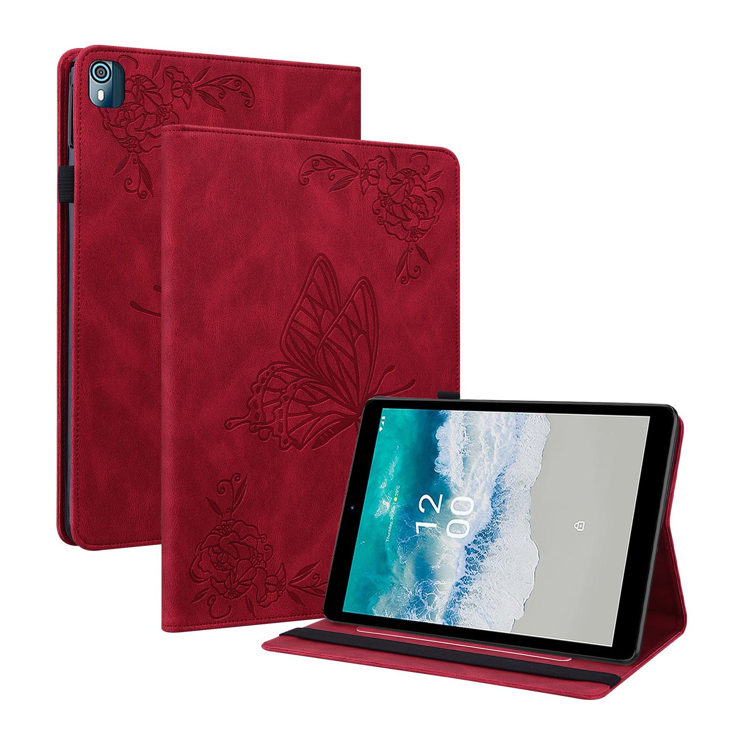 

Für Nokia T10 Butterfly Blumenmuster Tablet Hülle PU Leder + TPU Anti-scratch-kartenhalterschale - Rot, Nokia T10