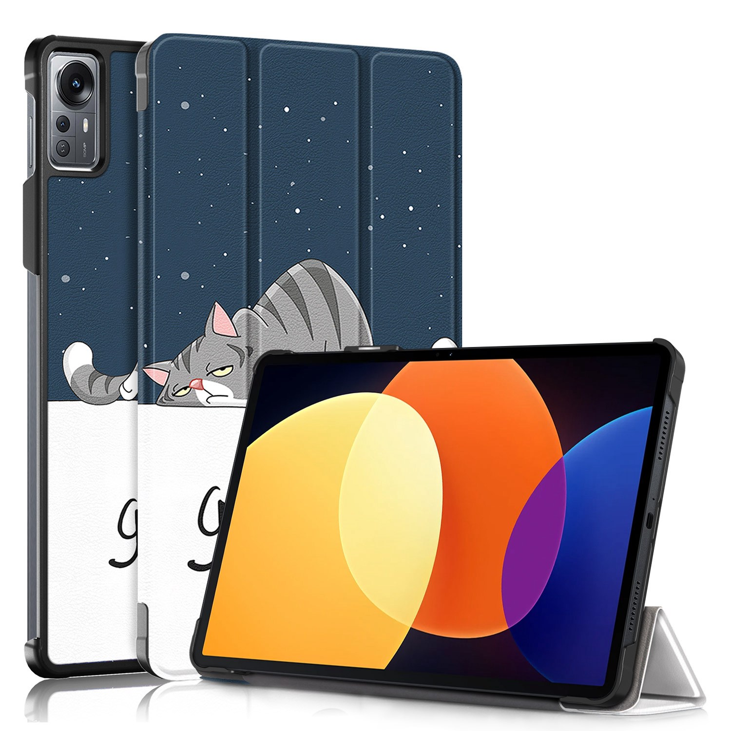 

Für Xiaomi Pad 5 Pro 12.4 (2022) Triufold Ledermuster Gedrucktes Tablet Case Auto Wake / Schlafmagnetabdeckung - Gute Nacht Katze, Xiaomi Pad 5 Pro 12.4 (2022)
