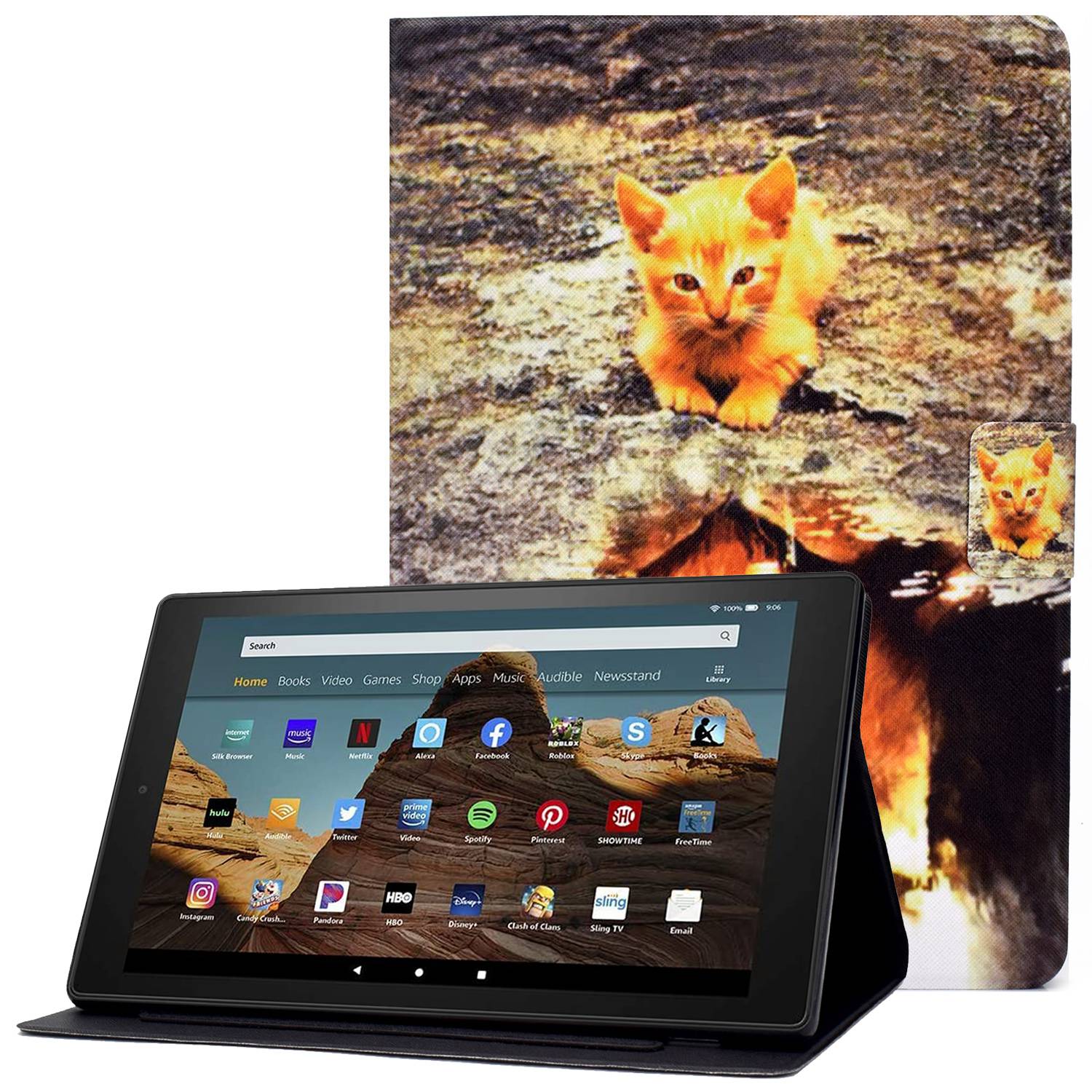 

Für Amazon Fire HD 10 (2015) /(2017) /(2019) Muster Drucktablettenabdeckungskarten -slots PU Leder Magnetic Clasp Stand Hülle - Katze Und Löwe, Amazon Fire HD 10 (2015)