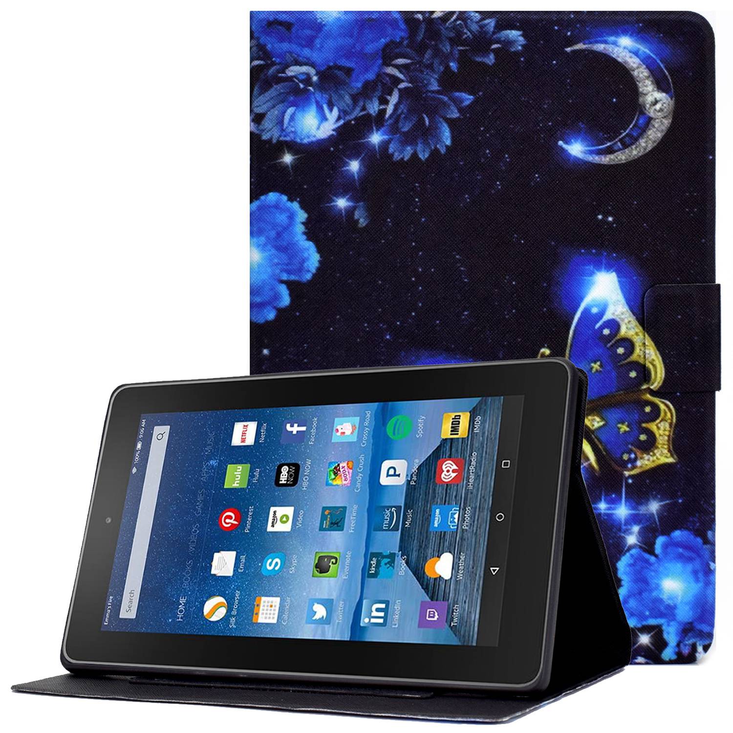 

Für Amazon Fire HD 8 (2016) /(2017) /(2018) PU Leder Klappständer Abdeckungsmuster Druckmagnetablettenhülle Mit Kartenhalter - Blauer Schmetterling, Amazon Fire HD 8 (2016)