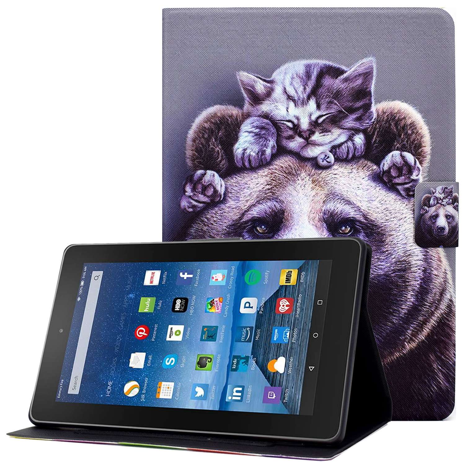 

Für Amazon Fire HD 8 (2016) /(2017) /(2018) Faltbarer Stand Tablet -fall Muster Druck PU Lederkartenhalter Schutzabdeckung - Katze Und Bär, Amazon Fire HD 8 (2016)