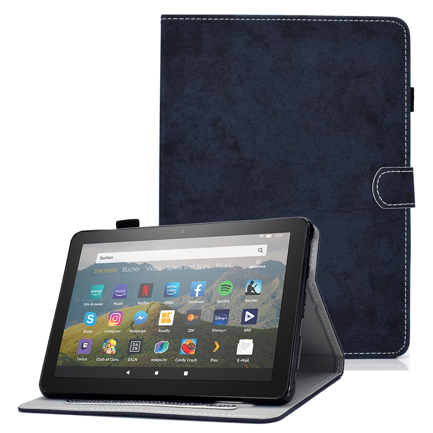 

Für Amazon Fire HD 8 (2020) Vollschutz PU Leder Tablet Hülle Stoff Textur Feste Farbbare Standabdeckung Mit Kartenhalter - Dunkelblau, Amazon Fire HD 8 (2020)