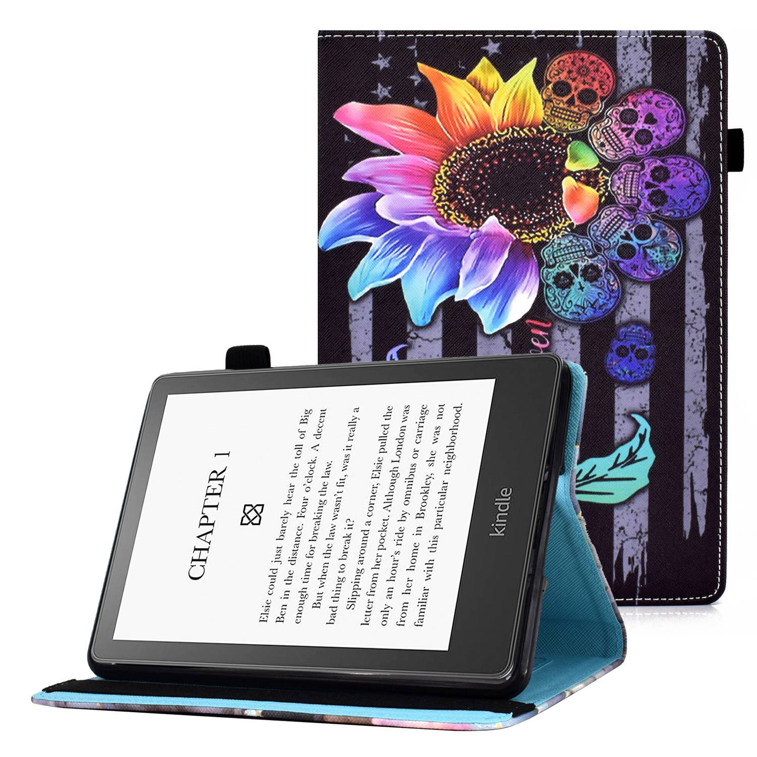 For Amazon Kindle Paperwhite 5 (2021) Pattern Printing Stitching Line Design Protective Stand Case PU Leather Card Slots Cover with Elastic Band - Sun