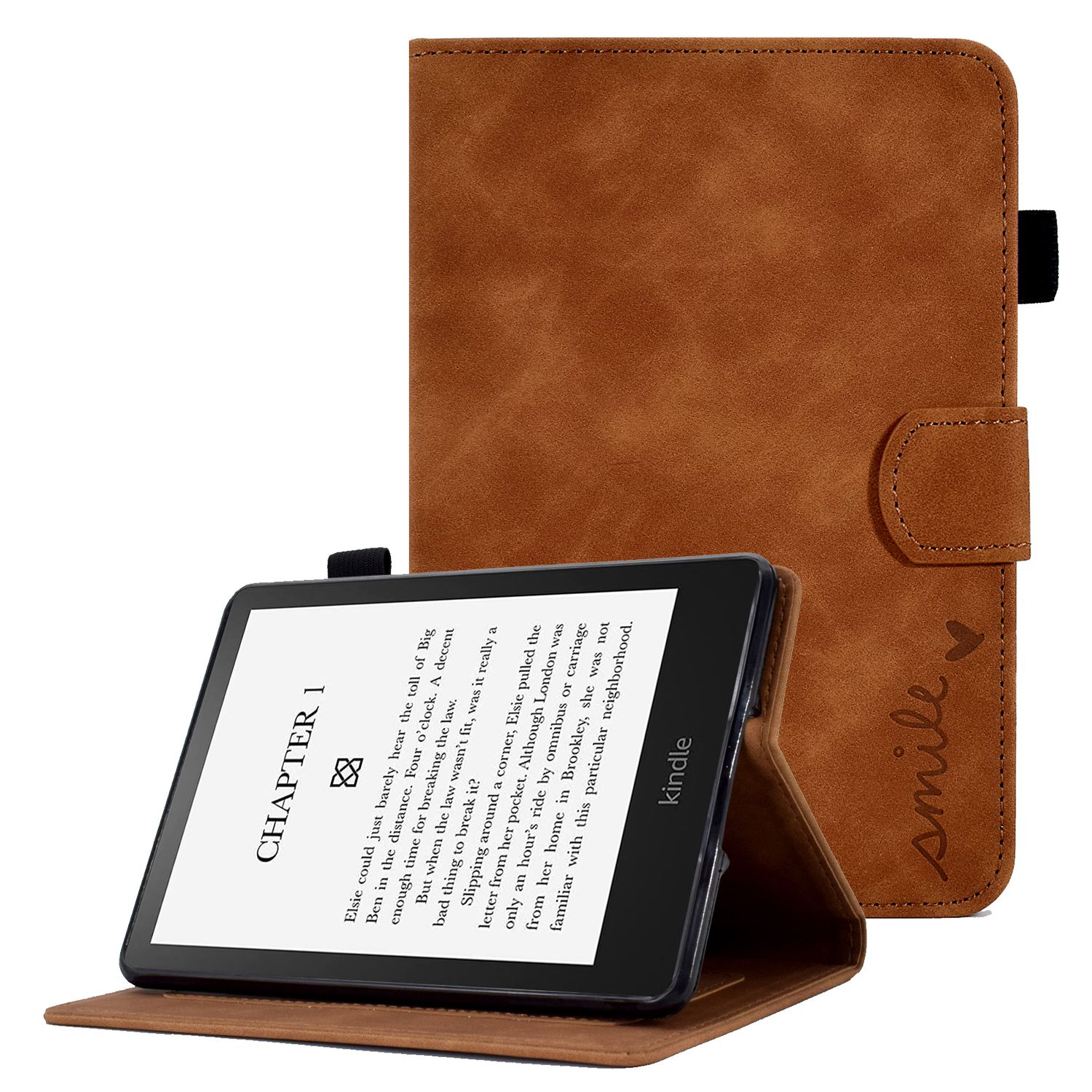For Amazon Kindle Paperwhite 5 (2021) Love Heart Imprinted PU Leather Flip Stand Case Solid Color Card Holder Protective Cover - Brown