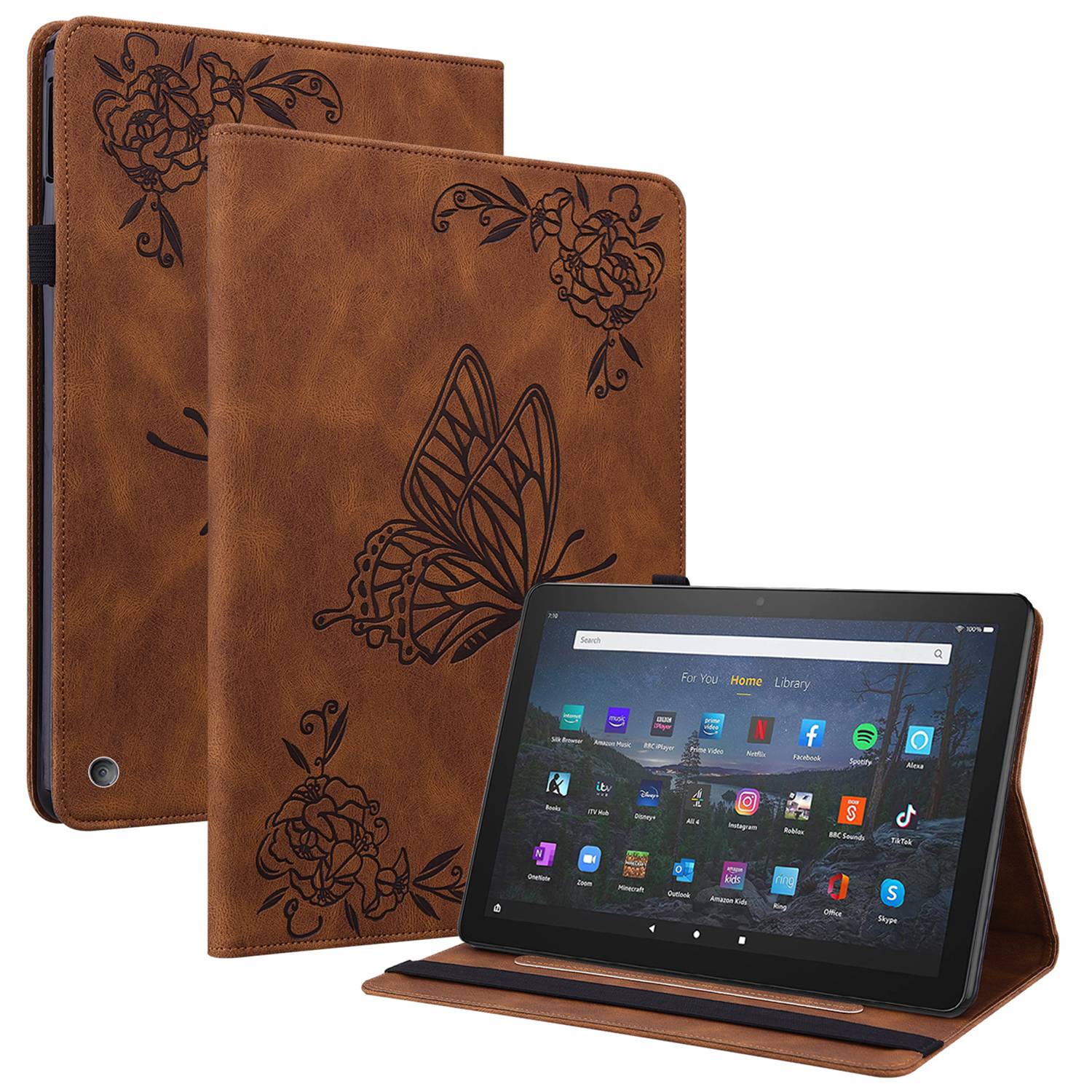 

Für Amazon Fire 7 (2022) Kartensteckplatten Tablette Hülle PU Leder-spreng Schmetterlingsblummuster Anti-drop-ständer Cover - Braun, Amazon Fire 7 (2022)