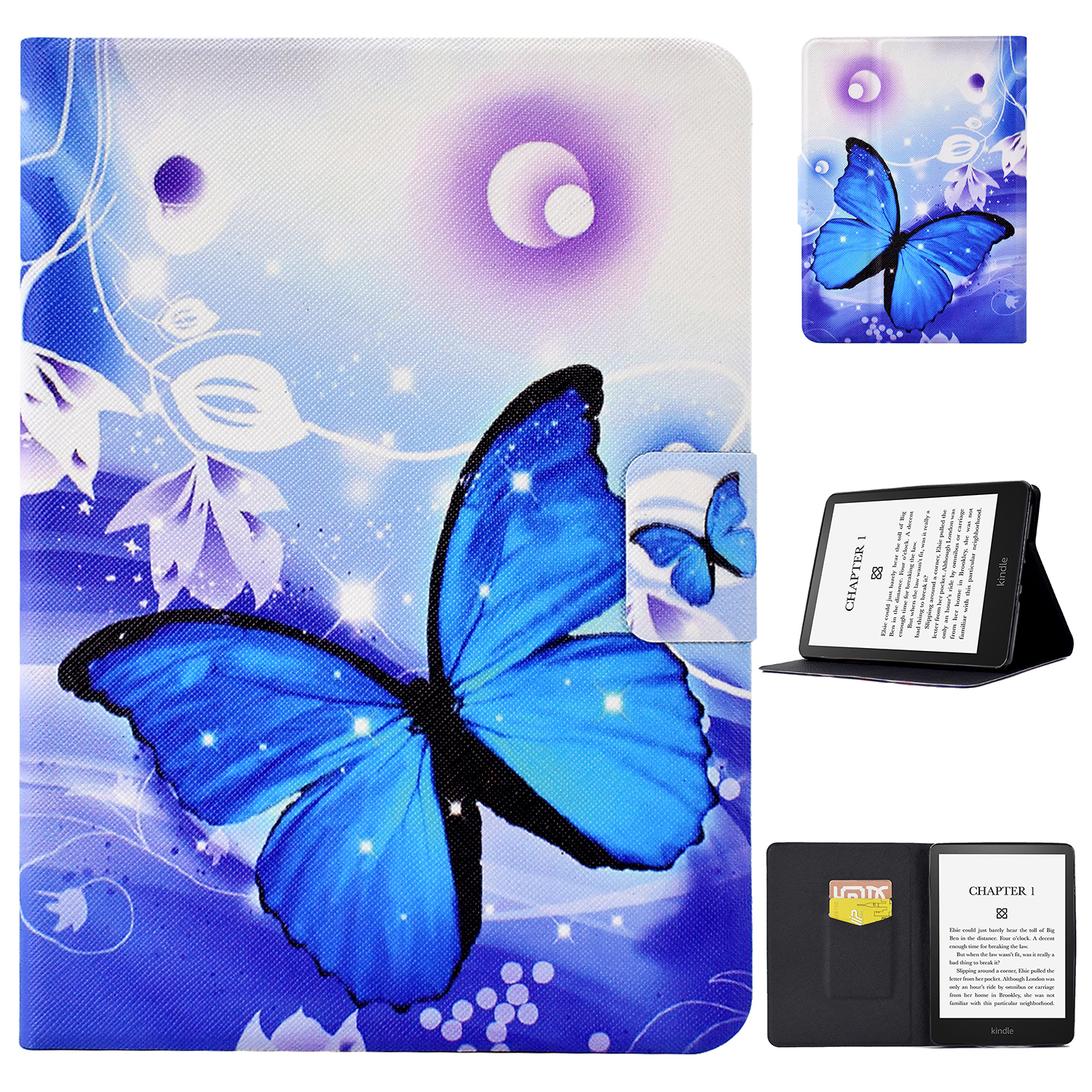 

Für Amazon Kindle Paperwhite 5 (2021) Kartenhalter E-reader Schutzhülle Pu-leder-musterständer Cover - Blauer Schmetterling, Amazon Kindle Paperwhite 5 (2021)