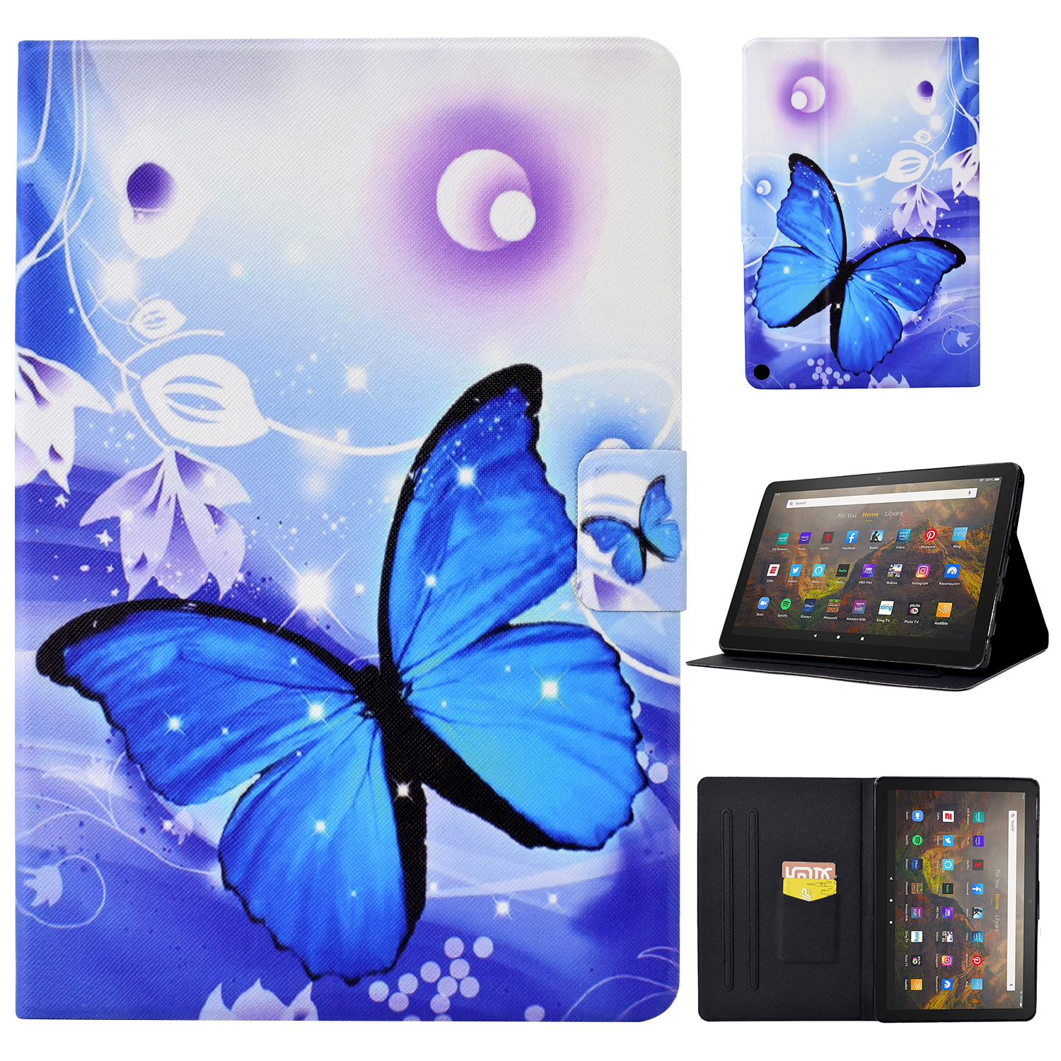 

Für Amazon Fire HD 10 (2021) PU Leder Tablet Fall Muster Druckklapper Standkartenhalter Voller Schutzabdeckung - Blauer Schmetterling, Amazon Fire HD 10 (2021)