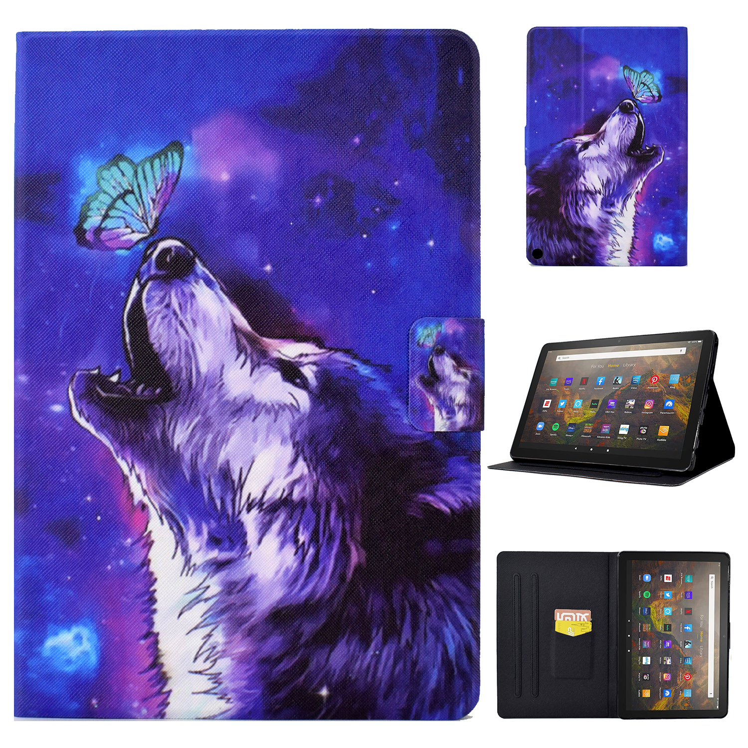 

Für Amazon Fire HD 10 (2021) PU Leder Tablet Fall Muster Druckklapper Standkartenhalter Voller Schutzabdeckung - Schmetterling Und Wolf, Amazon Fire HD 10 (2021)