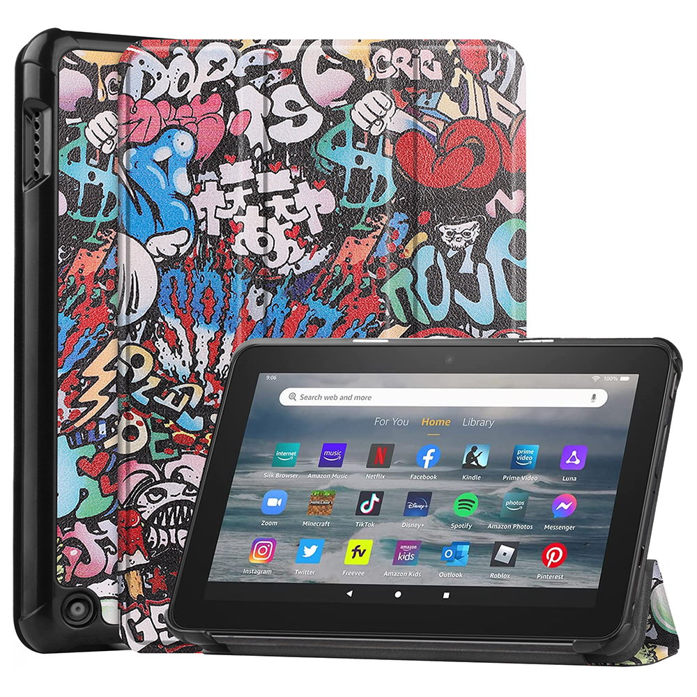 JUNSUNMAY For Amazon Fire 7 (2022) Tri-fold Stand Protective Cover Pattern Printing PU Leather Case with Auto Wake   Sleep - Graffiti