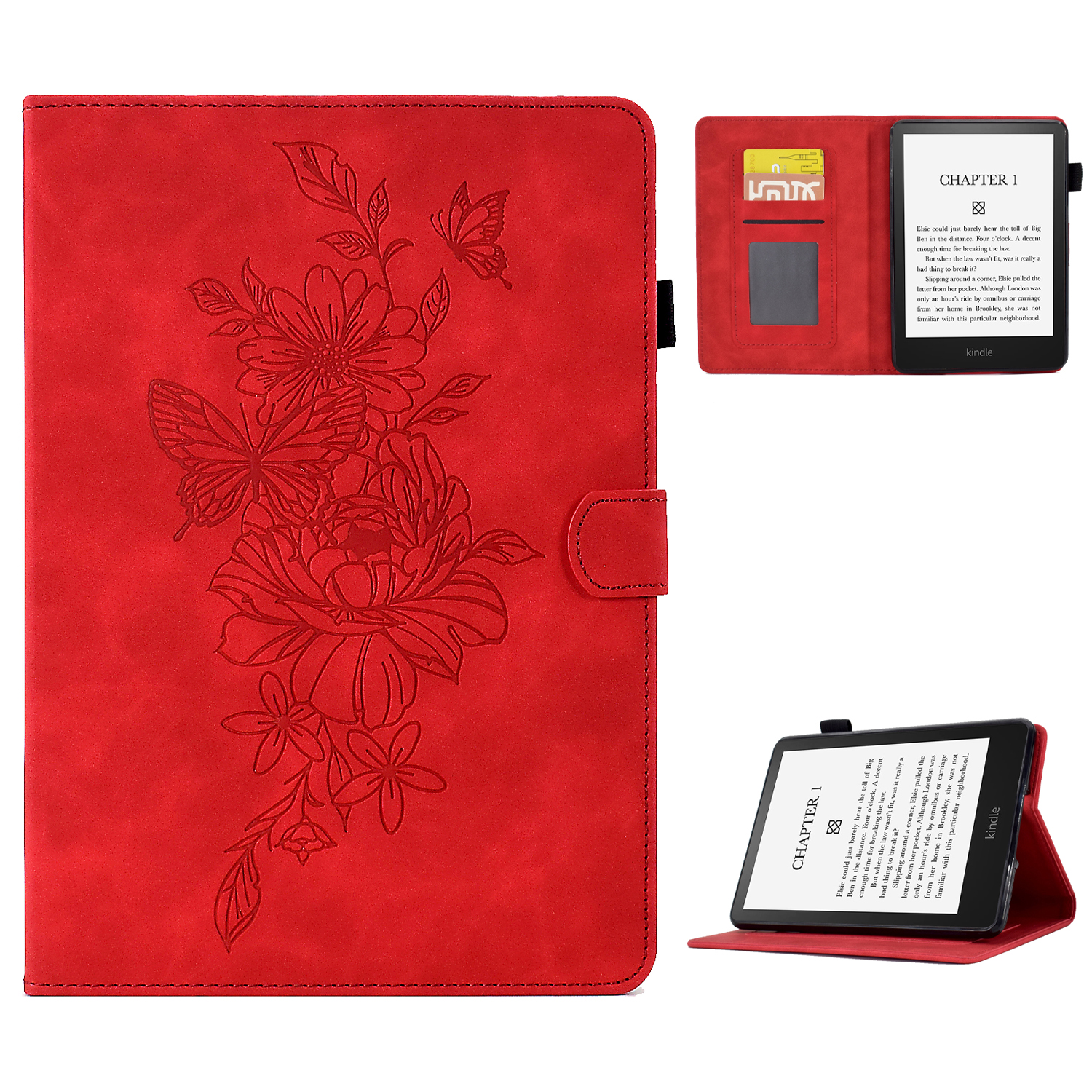 For Amazon Kindle Paperwhite 5 (2021) Butterfly Flower Pattern Imprinted Folio Smart Cover Stitching Line PU Leather Stand Tablet Case with Card Holde