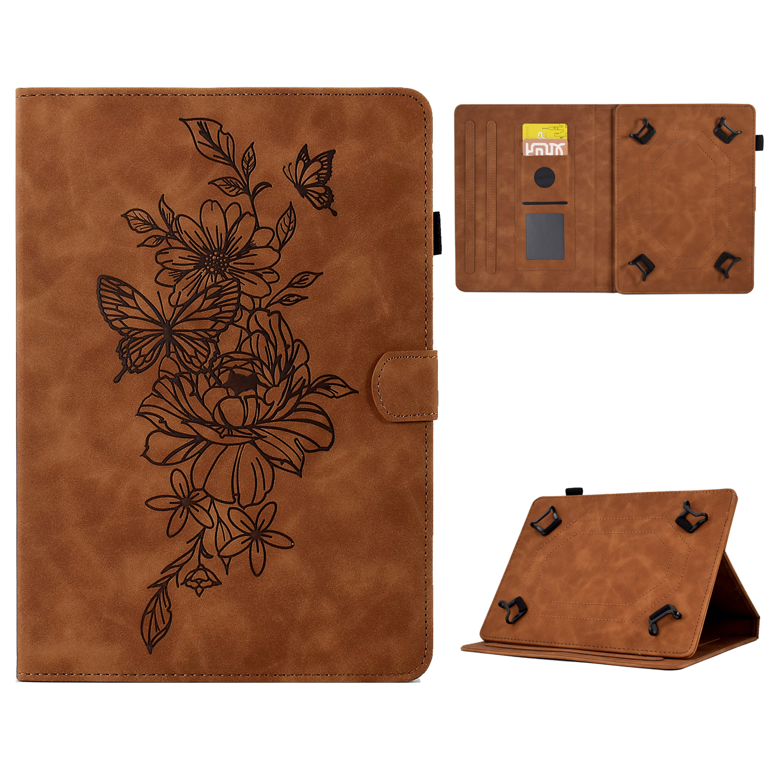 

PU Leather Case for 7-inch Tablet, Butterfly Flower Pattern Imprinted Stitching Line Stand Tablet Cover with Card Slots - Brown, Galaxy Tab 7.0 Plus P6200