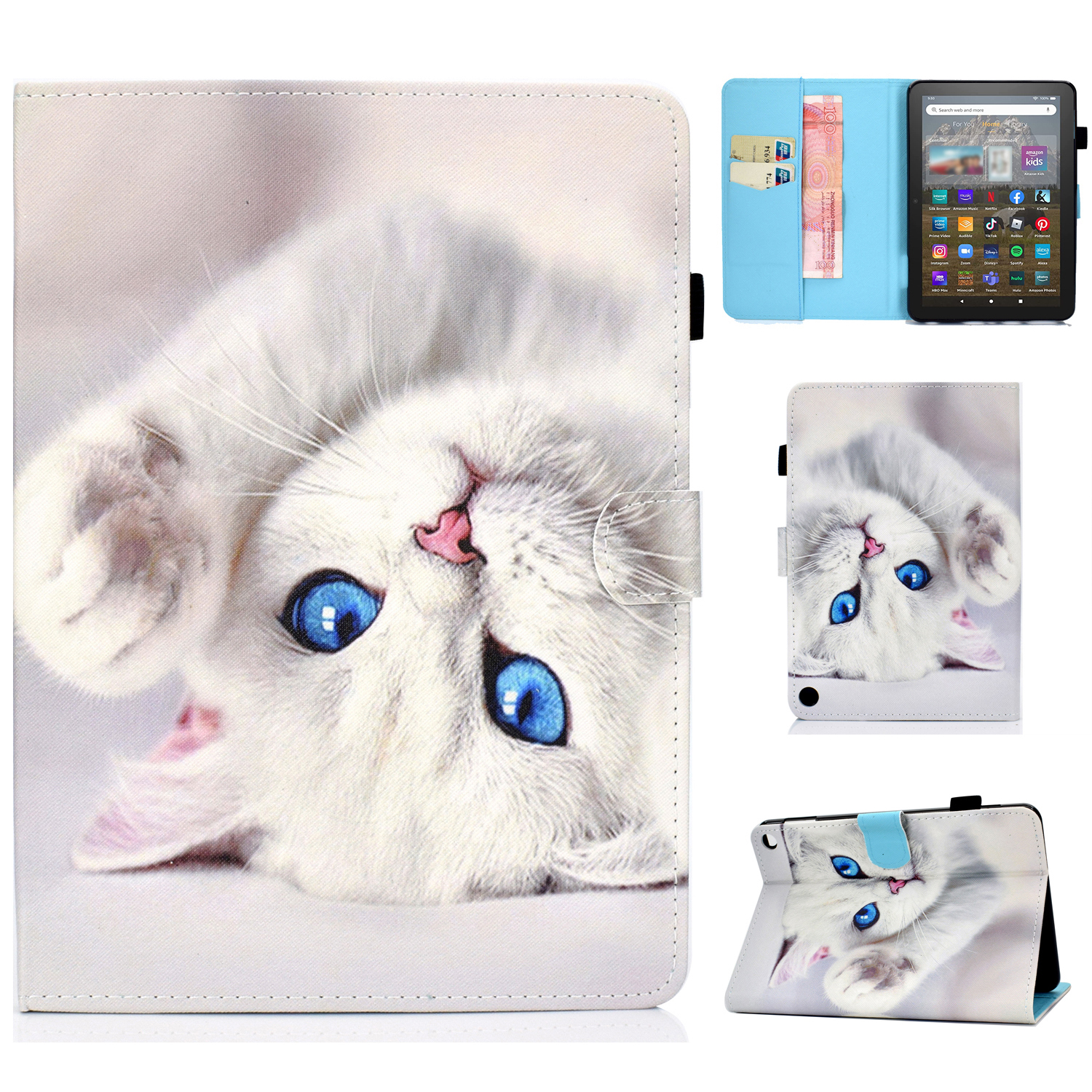 

Für Amazon Fire HD 8 (2022) PU Lederständer Schutz Tablettenabdeckungsmuster Druck Folio Schocksicherer Brieftasche Mit Bleistifthalter - Weiße Katze, Amazon Fire HD 8 (2022)