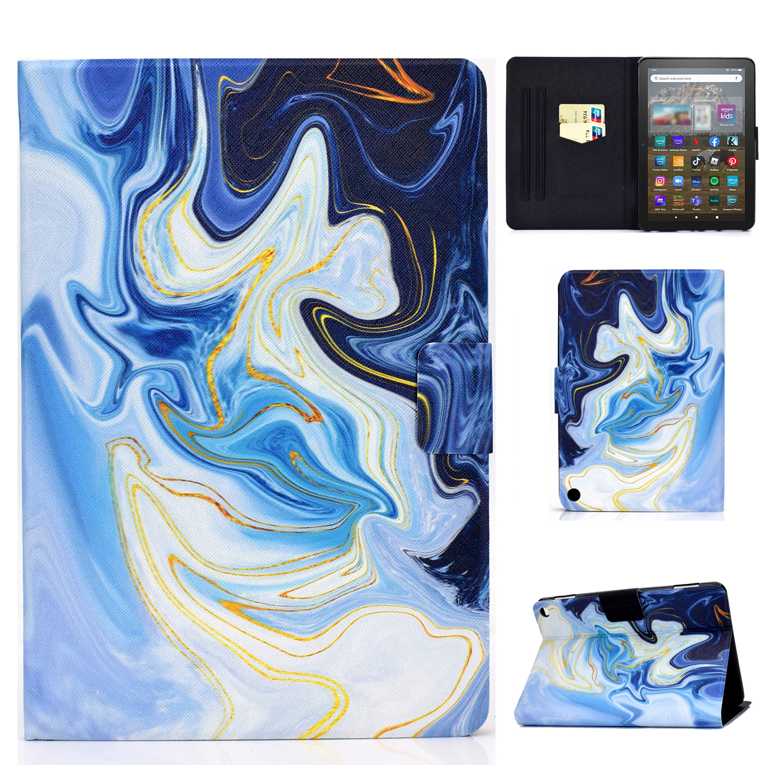 

Für Amazon Fire HD 8 (2022) PU Leder Magnetische Schutzabdeckungsmuster -druckständer Kartenhalter Folio Tablet Hülle - Blauer Marmor, Amazon Fire HD 8 (2022)