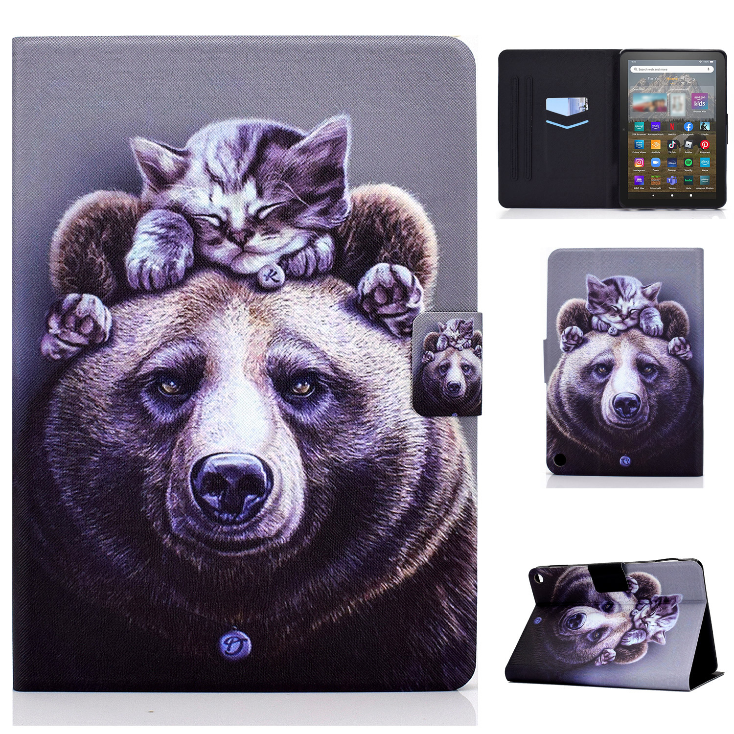 

Für Amazon Fire HD 8 (2022) PU Leder Magnetische Schutzabdeckungsmuster -druckständer Kartenhalter Folio Tablet Hülle - Katze Und Bär, Amazon Fire HD 8 (2022)