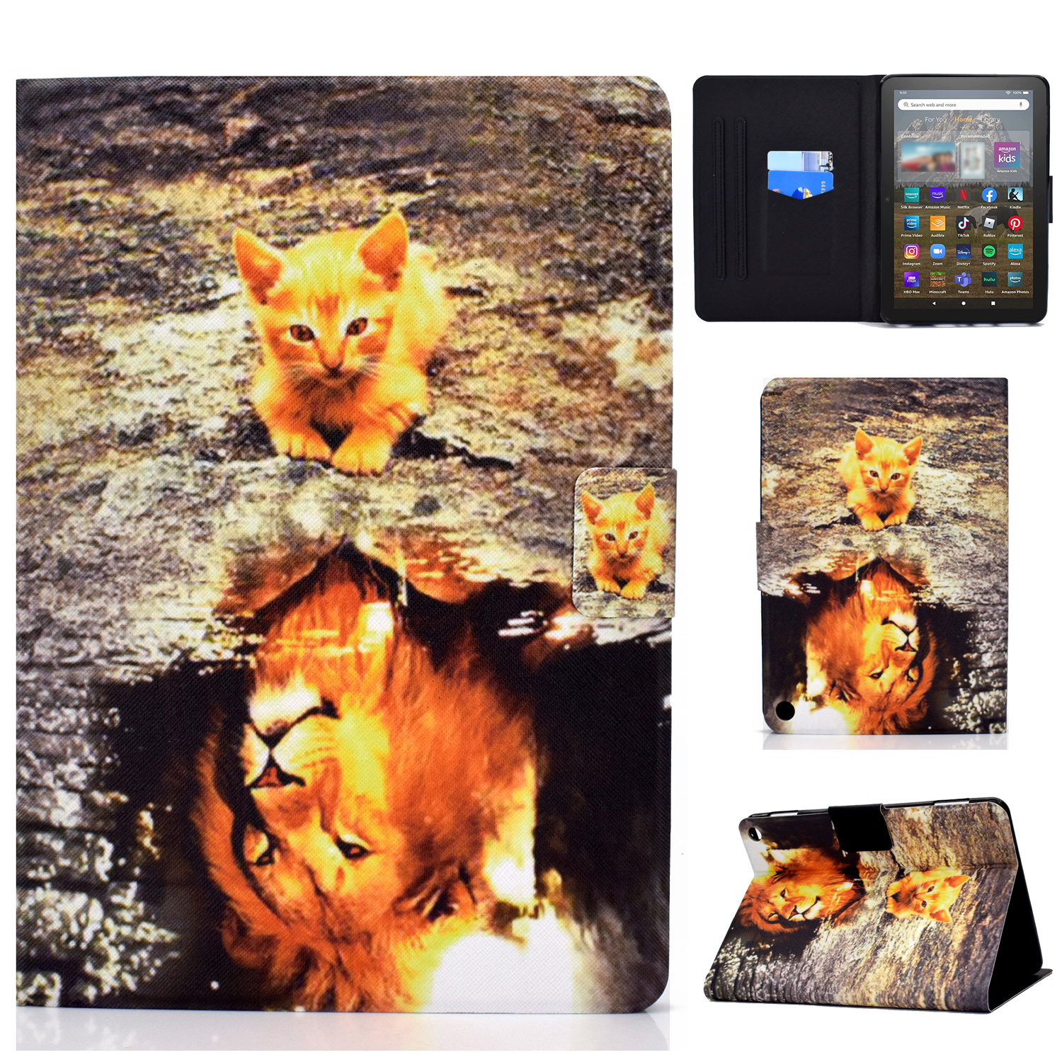 

Für Amazon Fire HD 8 (2022) PU Leder Magnetische Schutzabdeckungsmuster -druckständer Kartenhalter Folio Tablet Hülle - Katze Und Löwe, Amazon Fire HD 8 (2022)