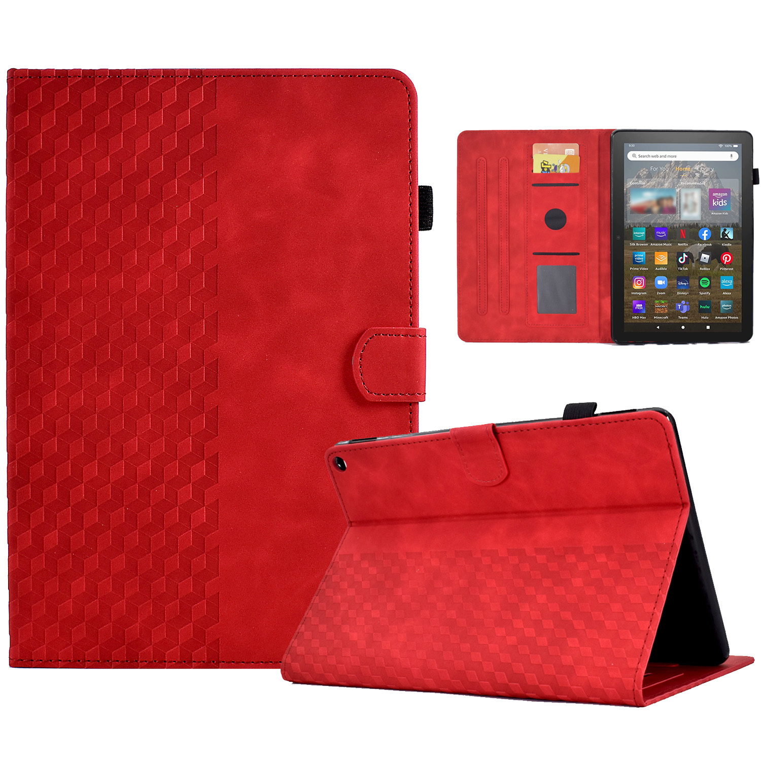 

Für Amazon Fire HD 8 (2022) PU -ledermuster Geprägtes Tablet -kartonhalter Ständer Voller Schutzabdeckung - Rot, Amazon Fire HD 8 (2022)