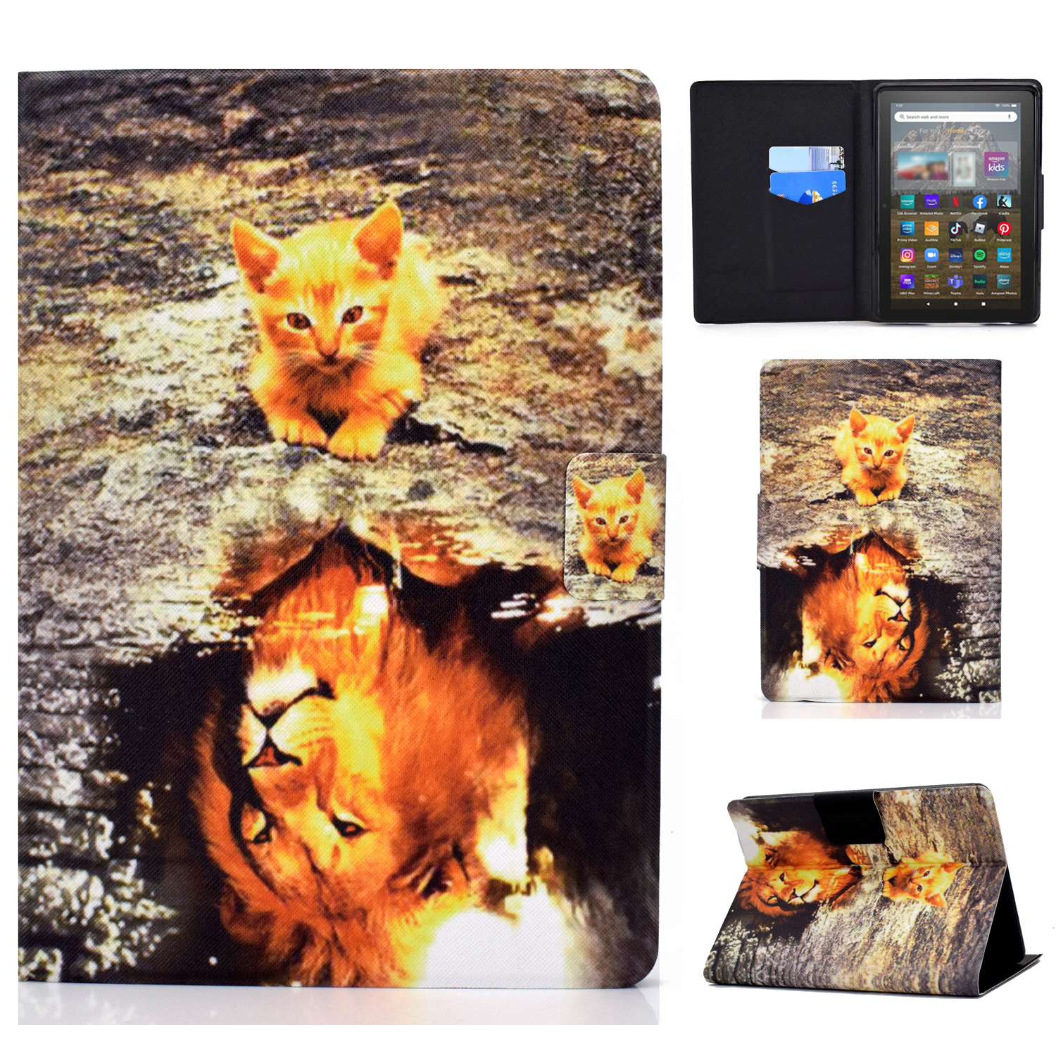 

Für Amazon Kindle 11. Gen (2022) Musterdrucksprudel Flip Tablet Hülle PU Lederkartenhalter Ständer Magnetabdeckung - Katze Und Löwe, Amazon Kindle 11th Gen (2022)