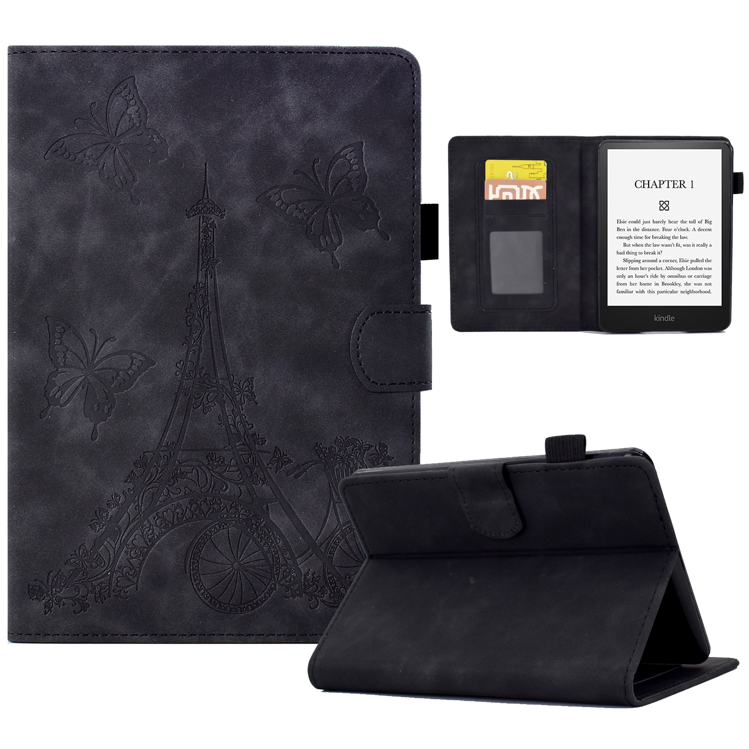 

Für Amazon Kindle Paperwhite 5 (2021) Tower Bike Butterfly Muster Geprägtes E-reader-gehäuse Mikrofaser-lederkartenhalter Hülle Hülle - Schwarz, Amazon Kindle Paperwhite 5 (2021)
