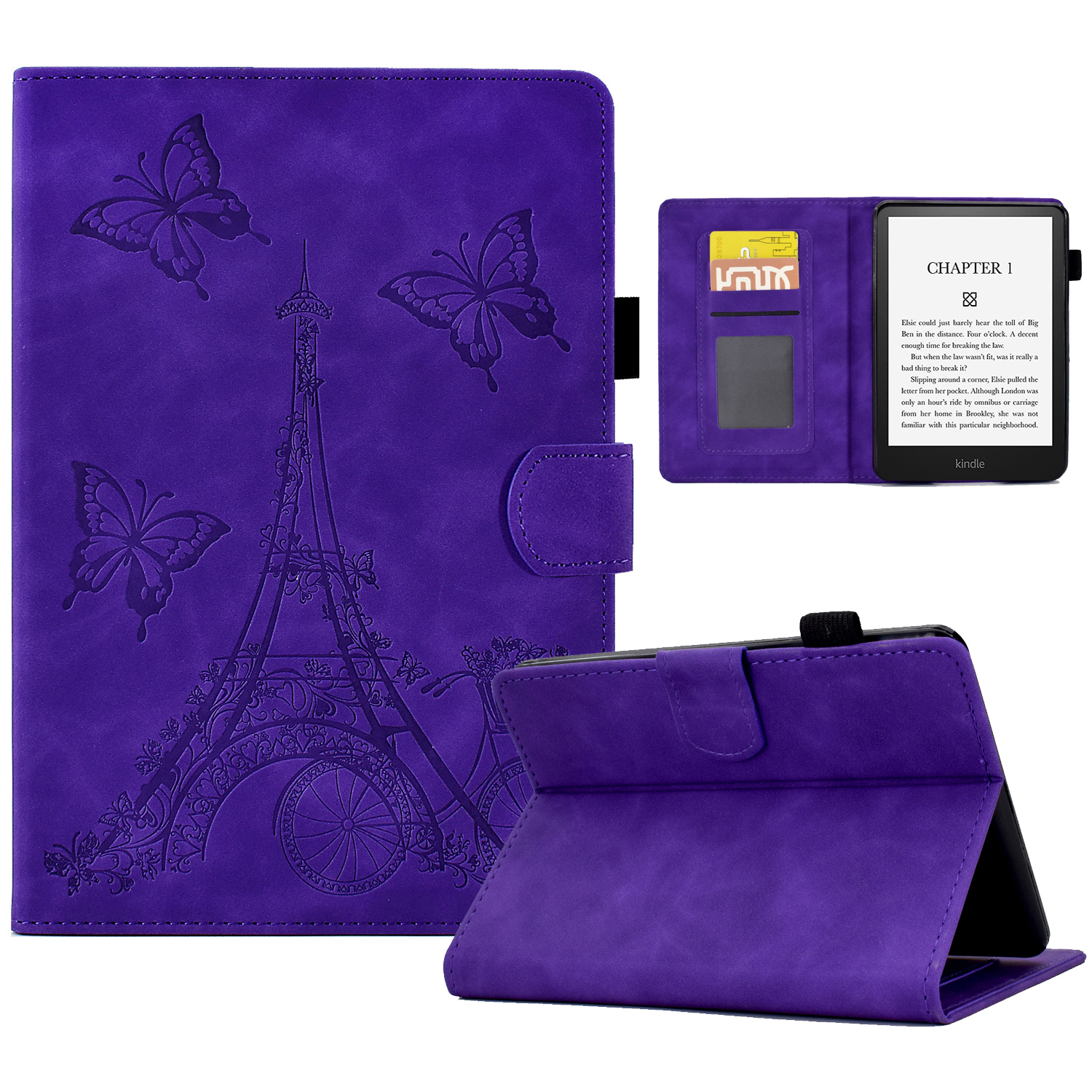 

Für Amazon Kindle Paperwhite 5 (2021) Tower Bike Butterfly Muster Geprägtes E-reader-gehäuse Mikrofaser-lederkartenhalter Hülle Hülle - Violett, Amazon Kindle Paperwhite 5 (2021)