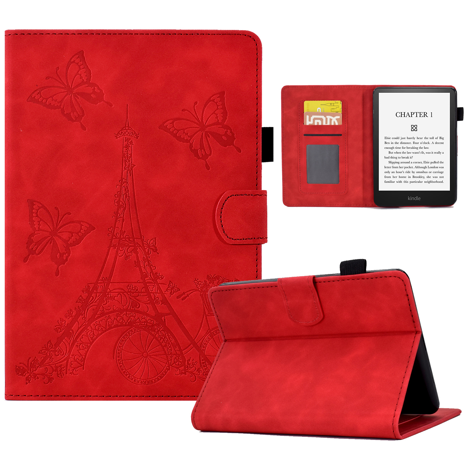 

Für Amazon Kindle Paperwhite 5 (2021) Tower Bike Butterfly Muster Geprägtes E-reader-gehäuse Mikrofaser-lederkartenhalter Hülle Hülle - Rot, Amazon Kindle Paperwhite 5 (2021)