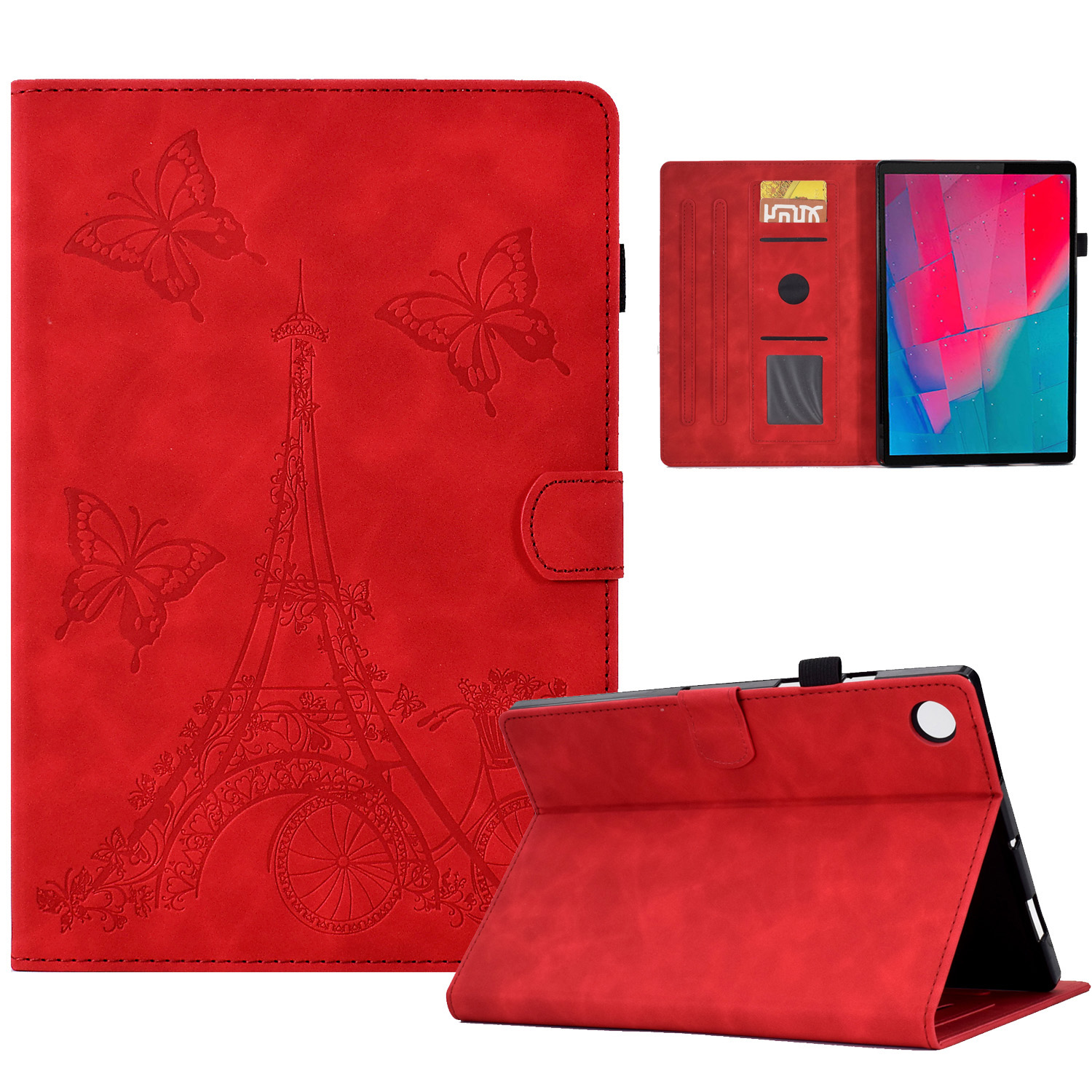 

Für Lenovo Tab M10 Plus-turmmuster Eingeprägter Kartenhalter Full Protection Stand Hülle Mikrofaserleder + Tpu-tablet Drop-soach-abdeckung - Rot, Lenovo Tab M10 Plus