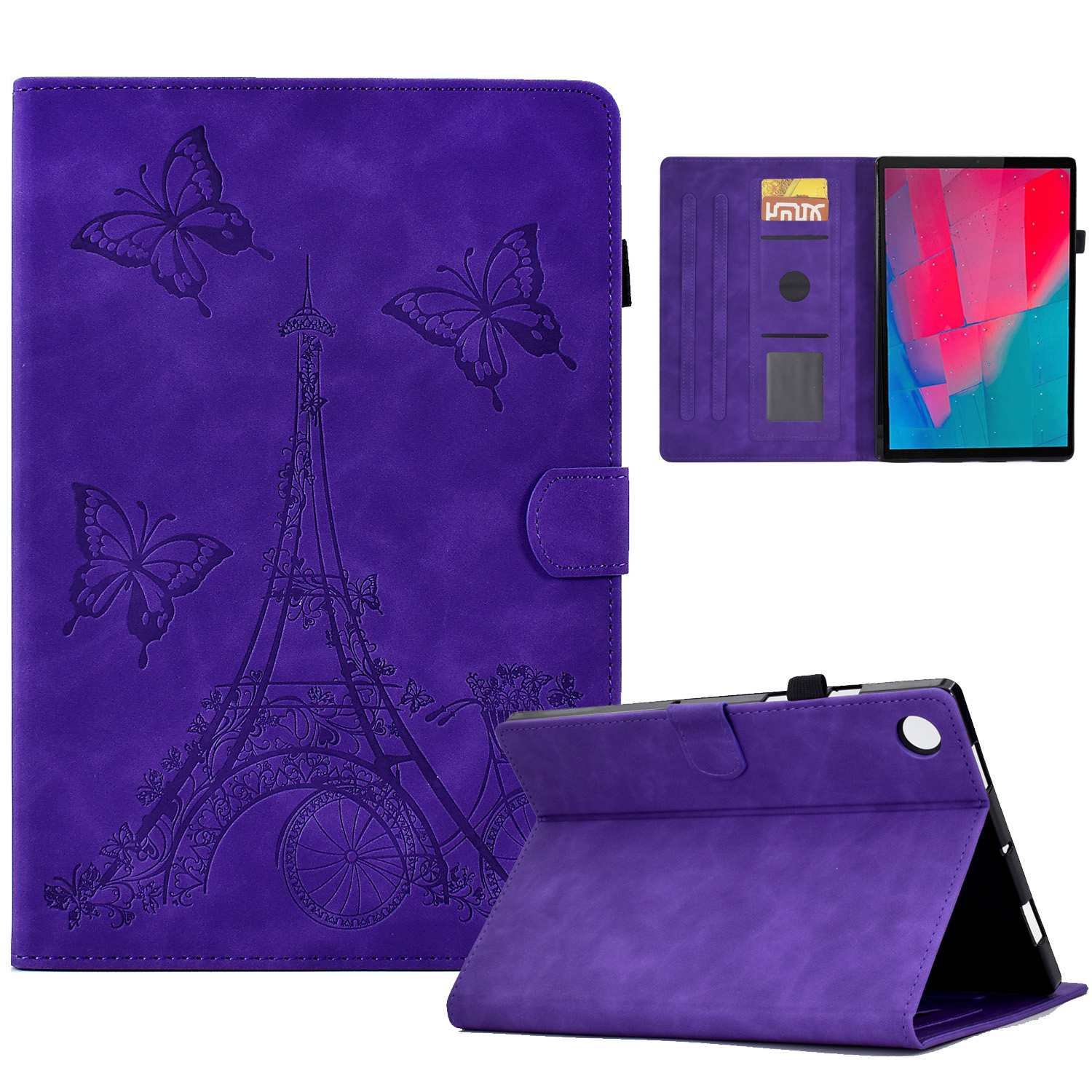 

Für Lenovo Tab M10 Plus-turmmuster Eingeprägter Kartenhalter Full Protection Stand Hülle Mikrofaserleder + Tpu-tablet Drop-soach-abdeckung - Violett, Lenovo Tab M10 Plus