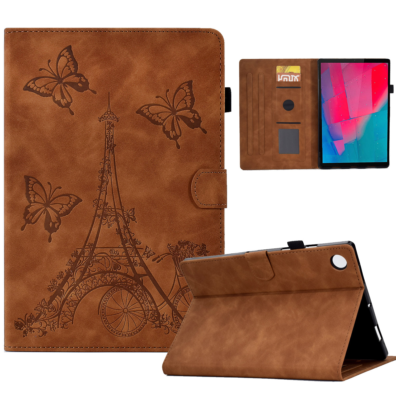 

Für Lenovo Tab M10 Plus-turmmuster Eingeprägter Kartenhalter Full Protection Stand Hülle Mikrofaserleder + Tpu-tablet Drop-soach-abdeckung - Braun, Lenovo Tab M10 Plus