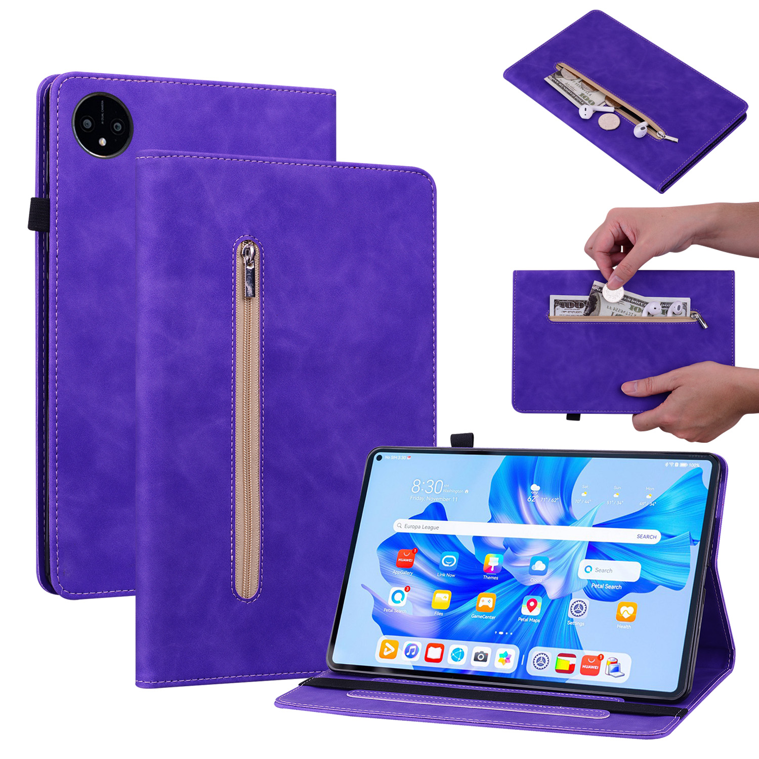 For Huawei MatePad Pro 11 (2022) PU Leather Case  Elastic Band Closure Stand Card Holder Tablet Cover with Zipper Pocket - Purple