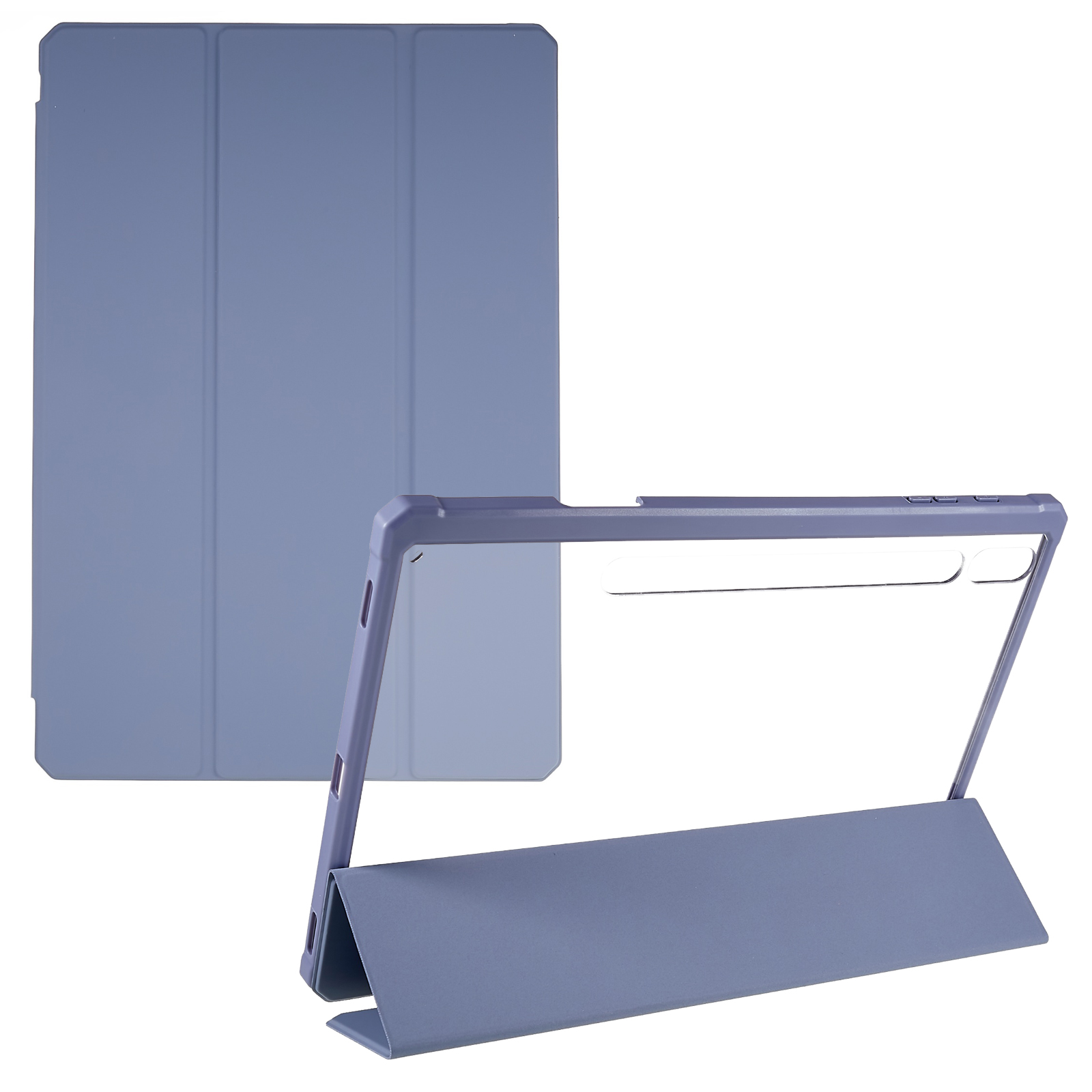 

For Samsung Galaxy Tab S7 FE / Tab S7 Plus / Tab S8+ Skin-touch Tri-fold Stand Tablet Case PU Leather TPU Acrylic Clear Tablet Cover - Baby Blue, Galaxy Tab S7 FE